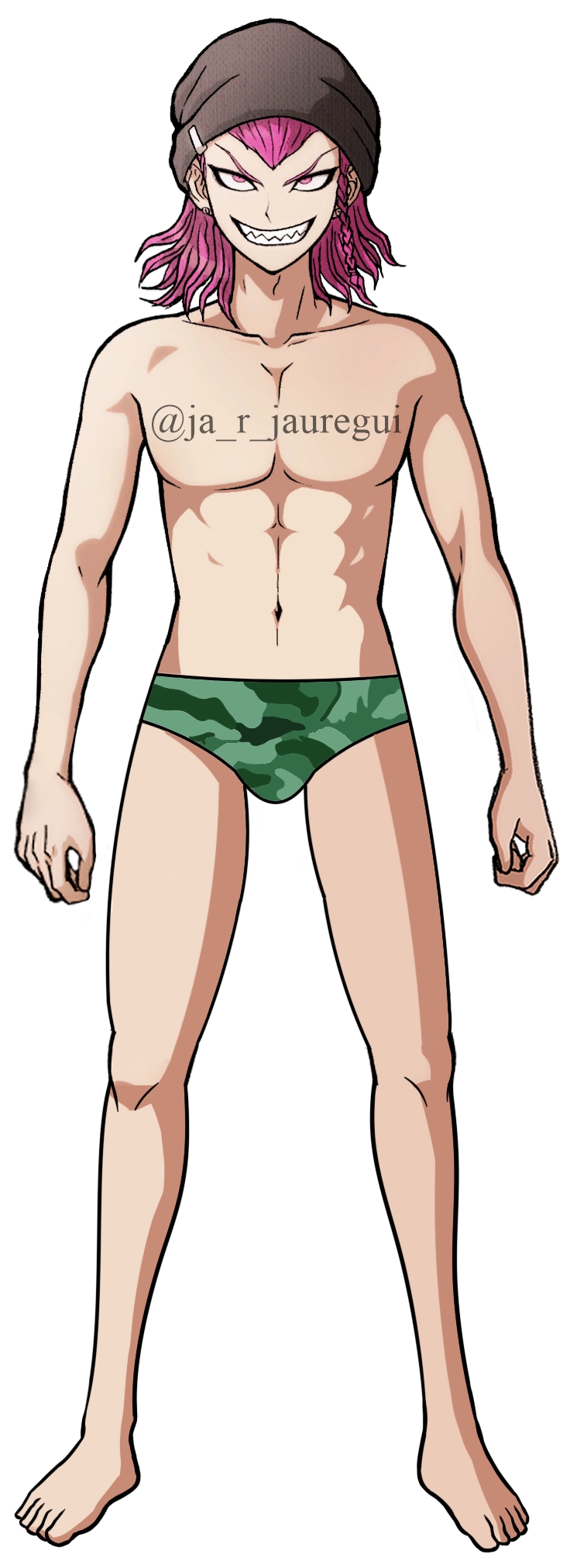 almost_naked danganronpa danganronpa_2:_goodbye_despair edit gay hat ja_r_jauregui kazuichi_souda male male_only pink_hair shark_teeth solo speedo swimsuit underwear