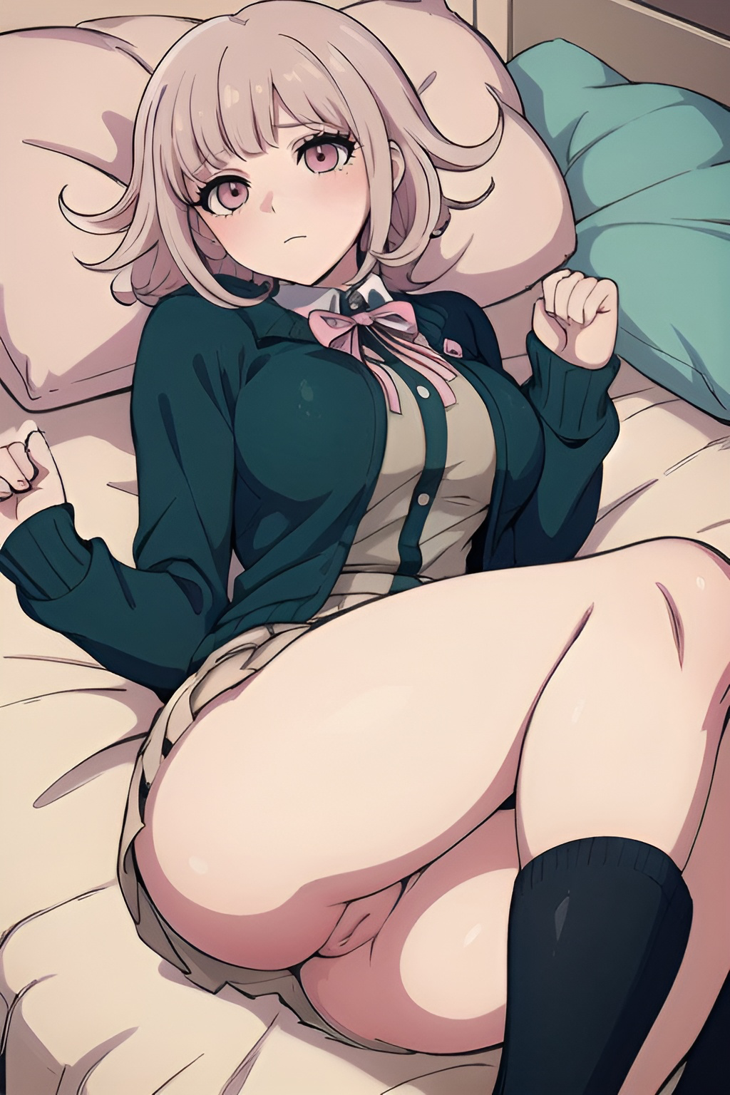 1girls 2d ai_generated ass big_breasts blush breasts bubble_butt clothed clothing danganronpa danganronpa_2:_goodbye_despair light-skinned_female light-skinned_male light_skin looking_at_viewer lying lying_on_back lying_on_bed male_pov nanami_chiaki no_panties nopemope26 on_back on_bed pink_eyes plump pov pussy thick_thighs thighs uncensored vagina video_games