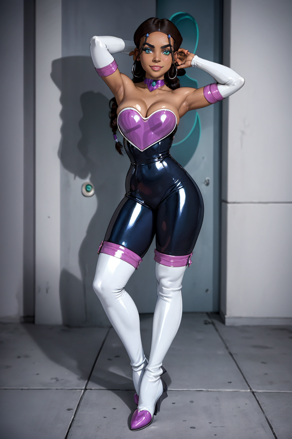 1girls ai_generated armpits arms_up avatar_legends avatar_the_last_airbender boots brown_skin cosplay elbow_gloves emerald_(gem) emerald_eyes female gloves katara latex rouge_the_bat_(cosplay) skin_tight solo sonic_(series) water_tribe white_boots white_gloves