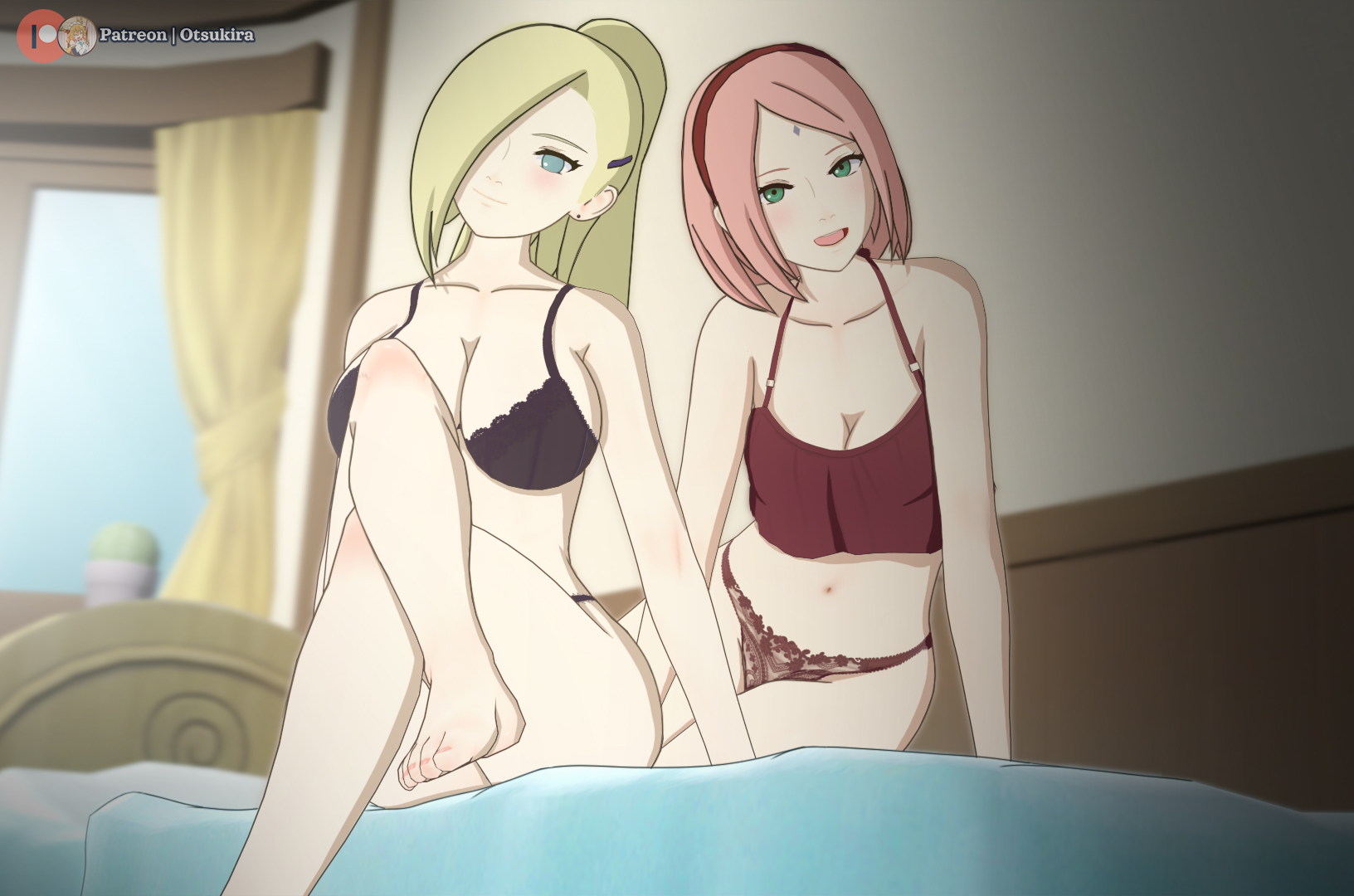 2girls, barefoot, bed, bedroom, before sex, big breasts, blonde hair, blue eyes, boruto: naruto next generations, bra, breast size difference, breasts, cleavage, crossed legs, feet, female, female only, green eyes, indoors, ino yamanaka, inviting, inviting to sex, kneeling, kneeling on bed, koikatsu, lingerie, looking at viewer, mature, mature female, milf, multiple females, multiple girls, naruto, naruto (series), otsukira, panties, patreon username, pink hair, ponytail, sakura haruno, sitting, sitting on bed, small breasts, smile, underwear, underwear only, url, watermark, web address