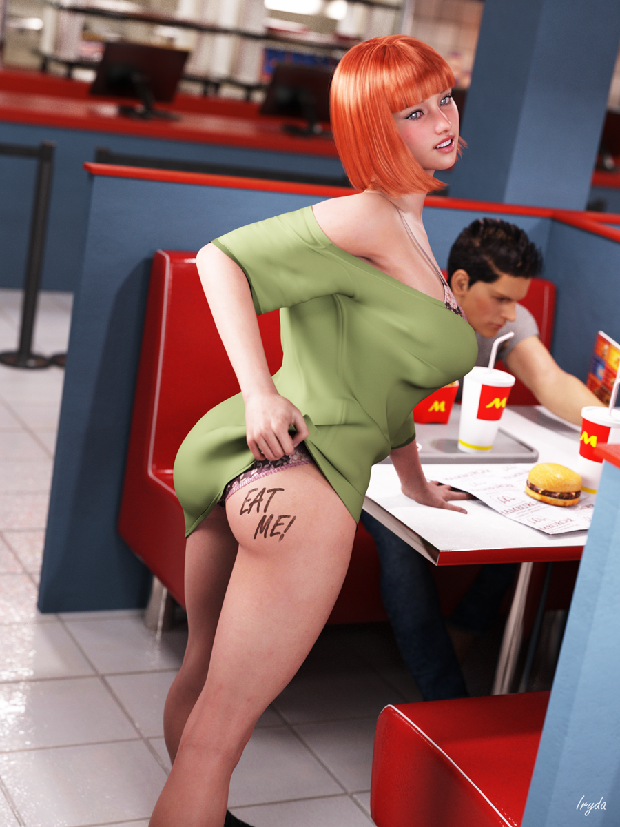 1boy 1girls 3d 3d_(artwork) ass bra burger clothing coca-cola dad_(japanese_mcdonald's_commercial) dat_ass drink female food husband_and_wife iryda male mcdonald's milf mom_(japanese_mcdonald's_commercial) mother orange_hair short_hair yoru_mac