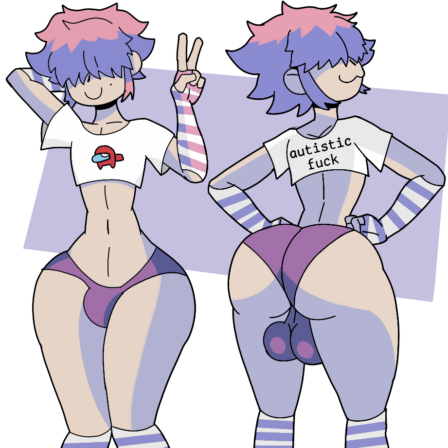 :3 amogus among_us among_us_reference autism autistic big_ass big_balls big_thighs curvy femboy furu_flami furu_ice gay messy_hair peace_sign pink_hair posing short_shirt shorts socks striped_legwear text_on_clothing text_on_shirt text_on_topwear