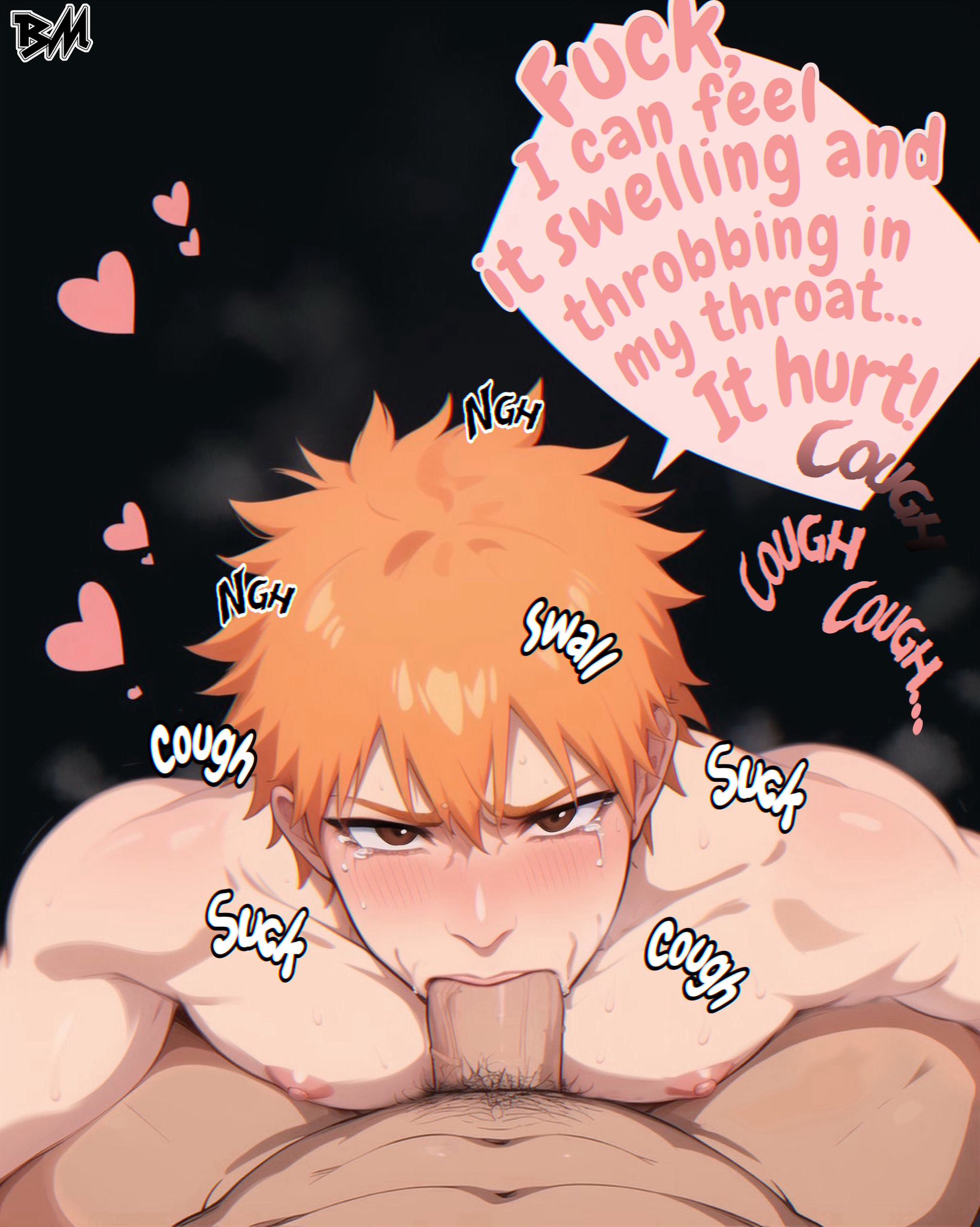 ai generated, big ass looover, bleach, bleach: the thousand-year blood war, blowjob, gay, ichigo kurosaki, looking at viewer, male, male/male, text, yaoi