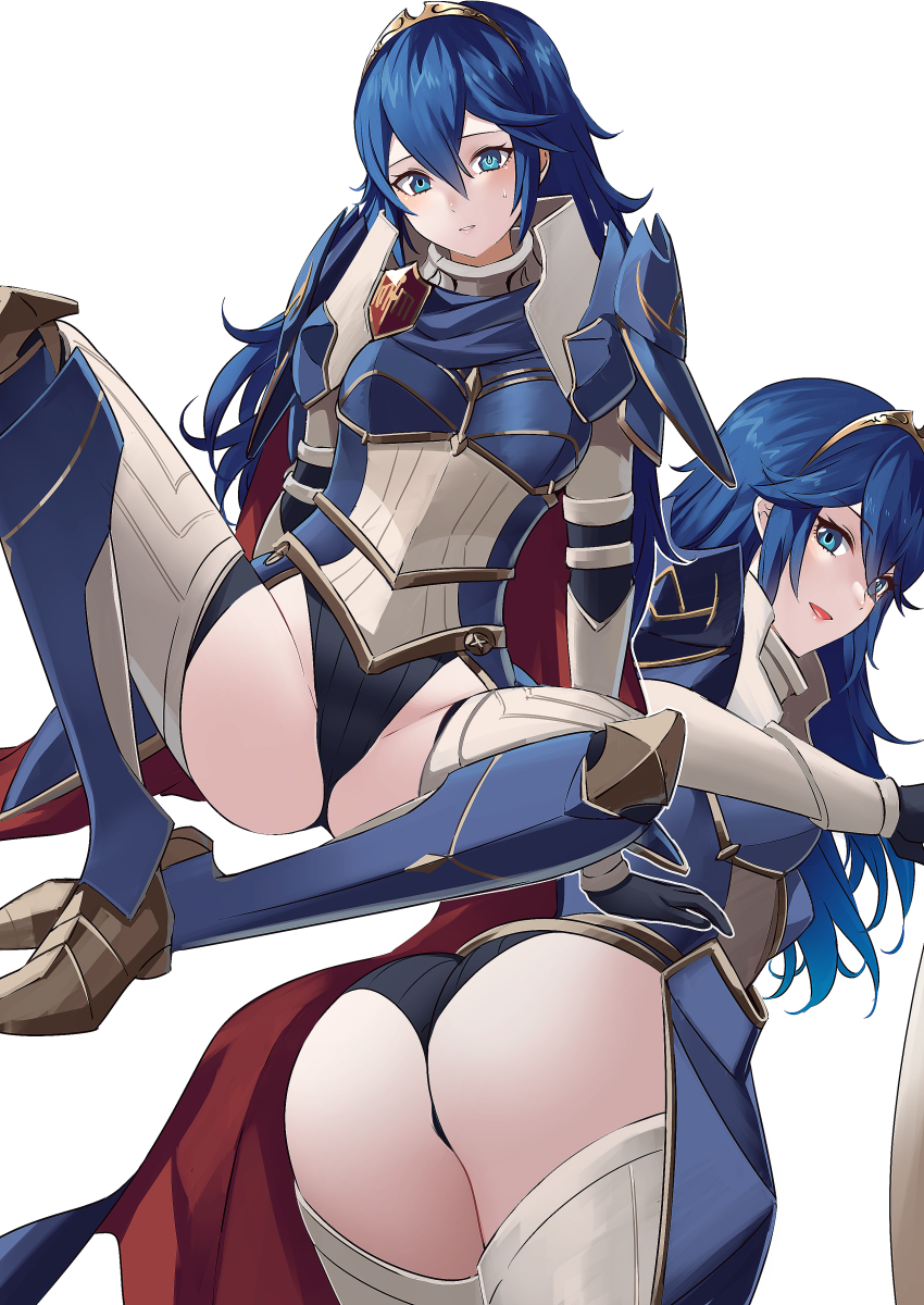 1girls, alternate costume, ameno (a meno0), armor, ass, bare thighs, bent over, big ass, black leotard, black panties, black underwear, blue eyes, blue hair, breastplate, breasts, cape, female, female only, fire emblem, fire emblem awakening, fire emblem heroes, groin, hair ornament, highres, inner thighs, leotard, long blue hair, long hair, looking at viewer, looking back, lucina (fire emblem), multiple views, nintendo, official alternate costume, open mouth, panties, shoulder armor, simple background, small breasts, smile, solo, spread legs, sweatdrop, symbol-shaped pupils, thighs, tiara, underwear, very long hair, white background