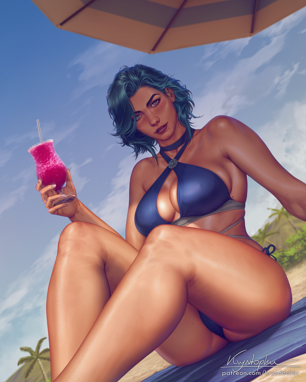 1girls alternate_version_available beach beach_towel big_breasts bikini bikini_bottom blue_eyes blue_hair breasts dc dc_comics drink drinking exposed_breasts female female_focus female_only firestorm_(series) highres killer_frost krysdecker large_breasts light-skinned_female light_skin louise_lincoln palm_tree palms thick_thighs thighs