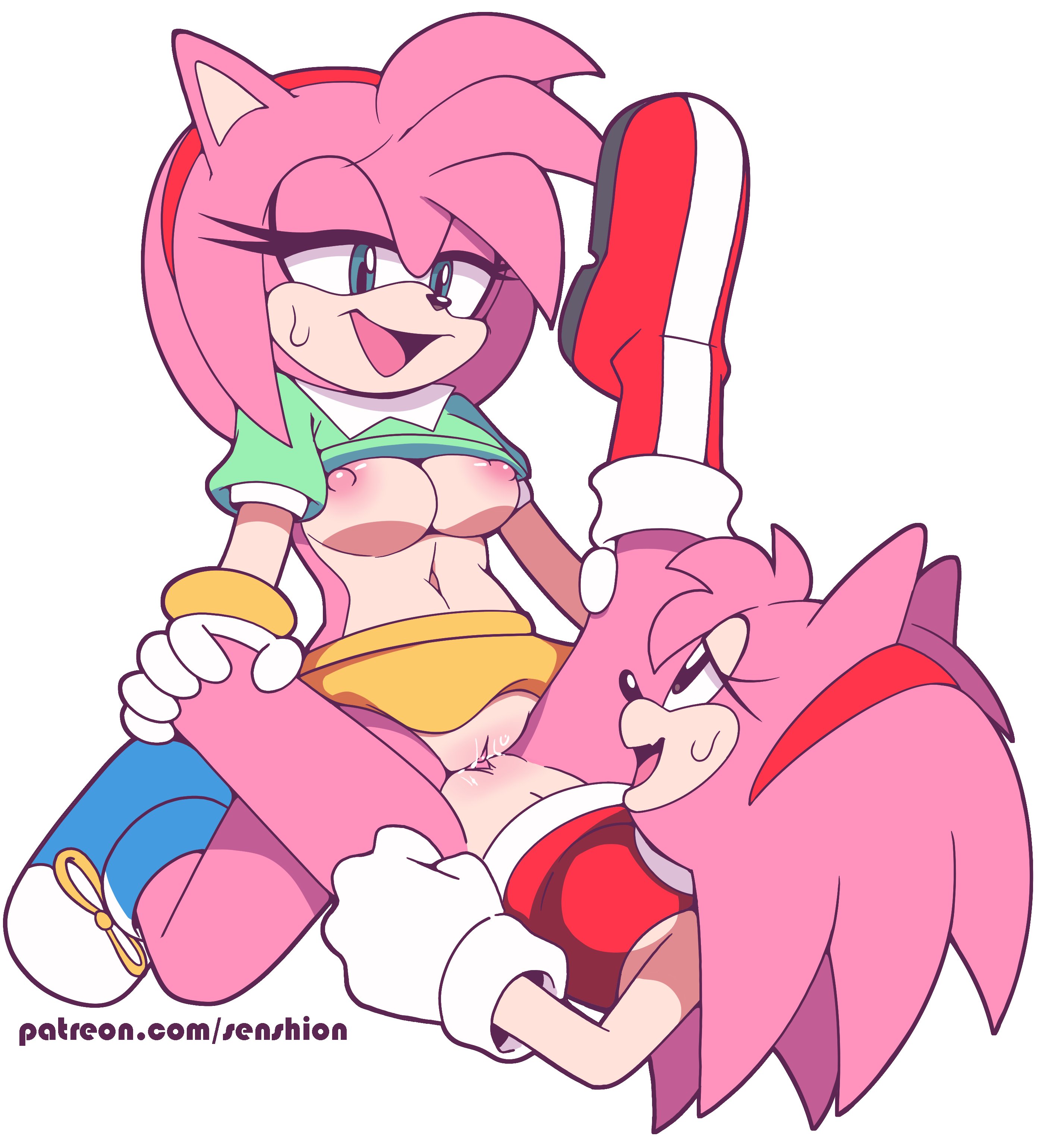 2girls, amy rose, amy rose (cosplay), anthro, artist name, breasts, classic amy rose, classic amy rose (cosplay), clothed, clothed sex, clothing, dual persona, female, female focus, female only, female/female, hedgehog, hi res, highres, lesbian sex, multiple females, multiple girls, multiversal counterpart grouping, nipples, outfit swap, pink fur, pussy, rodent, scissoring, sega, selfcest, senshion, shirt, shirt lift, skirt, small breasts, smile, sonic (series), sonic the hedgehog (series), square crossover, tribadism, white background, yuri