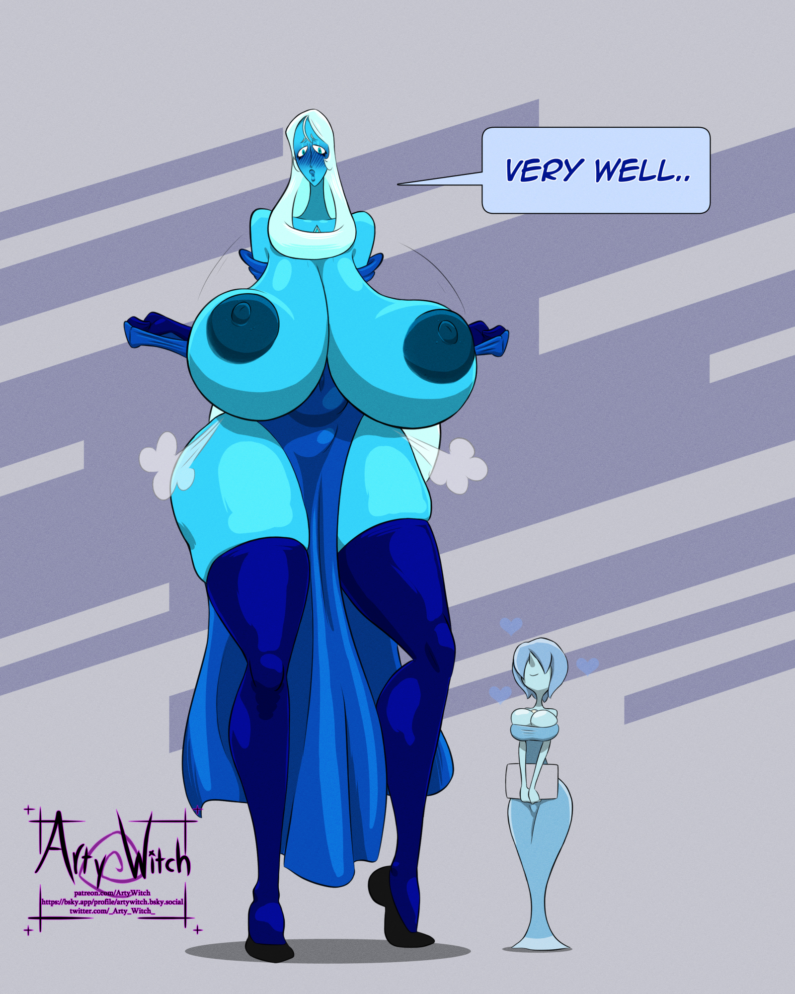 areola, areola bulge, areola slip, areolae, areolae slip, areolae visible through clothing, artywitch, big breasts, blue body, blue diamond (steven universe), blue dress, blue pearl (steven universe), blue skin, blush, boob drop, breast drop, breast squeeze, breasts, breasts out, cartoon network, cleavage, dark nipples, dialogue, diamond authority, dress, female, female focus, female only, gem, gem (species), giantess, gigantic breasts, hanging breasts, holding breast, huge breasts, huge nipples, ineffective clothing, large areolae, large breasts, large female, long breasts, long hair, looking at viewer, mini giantess, nipple bulge, nipple outline, nipple slip, nipples, plump, sagging breasts, saggy breasts, size difference, skindentation, steven universe, text, thigh highs, thighhighs, tummy, white hair, wide hips
