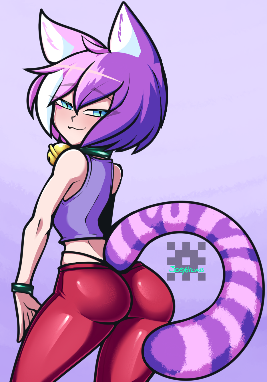 ass bell_collar bracelet cat_ears cat_tail collar eyebrows eyebrows_visible_through_hair joeydrawss looking_at_viewer pink_hair purple_hair red_pants smile smug taki_(joeydrawss) thick_thighs thighs watermark