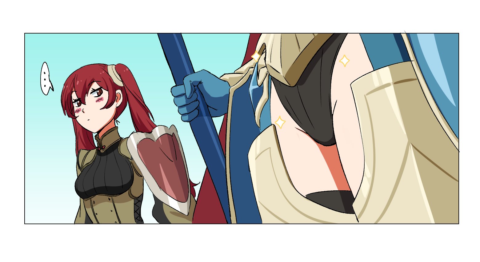..., 2girls, alternate costume, armor, bare thighs, black panties, black underwear, blush, boots, border, crotch, female, female only, fire emblem, fire emblem awakening, fire emblem heroes, hair between eyes, inner thighs, long hair, looking at another, lucina (fire emblem), multiple females, multiple girls, nintendo, official alternate costume, panties, red eyes, red hair, severa (fire emblem), shoulder armor, sinccubi, thigh boots, thighhighs, thighs, twintails, underwear, white border, yuri