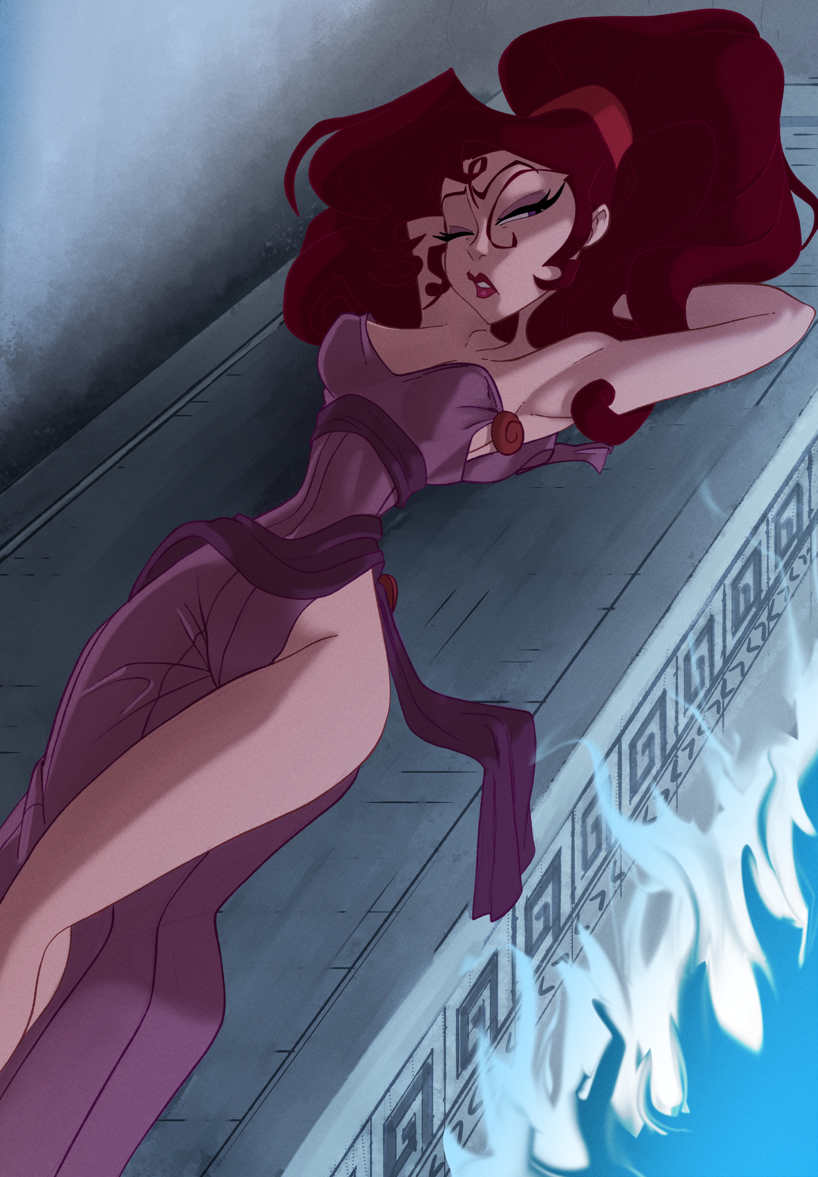 1girls, armpit, armpits, arms behind head, coolerinker, disney, female, hercules (disney), hi res, highres, inker comics, inkershike, lying, megara, ponytail, purple dress, red hair, red-haired female