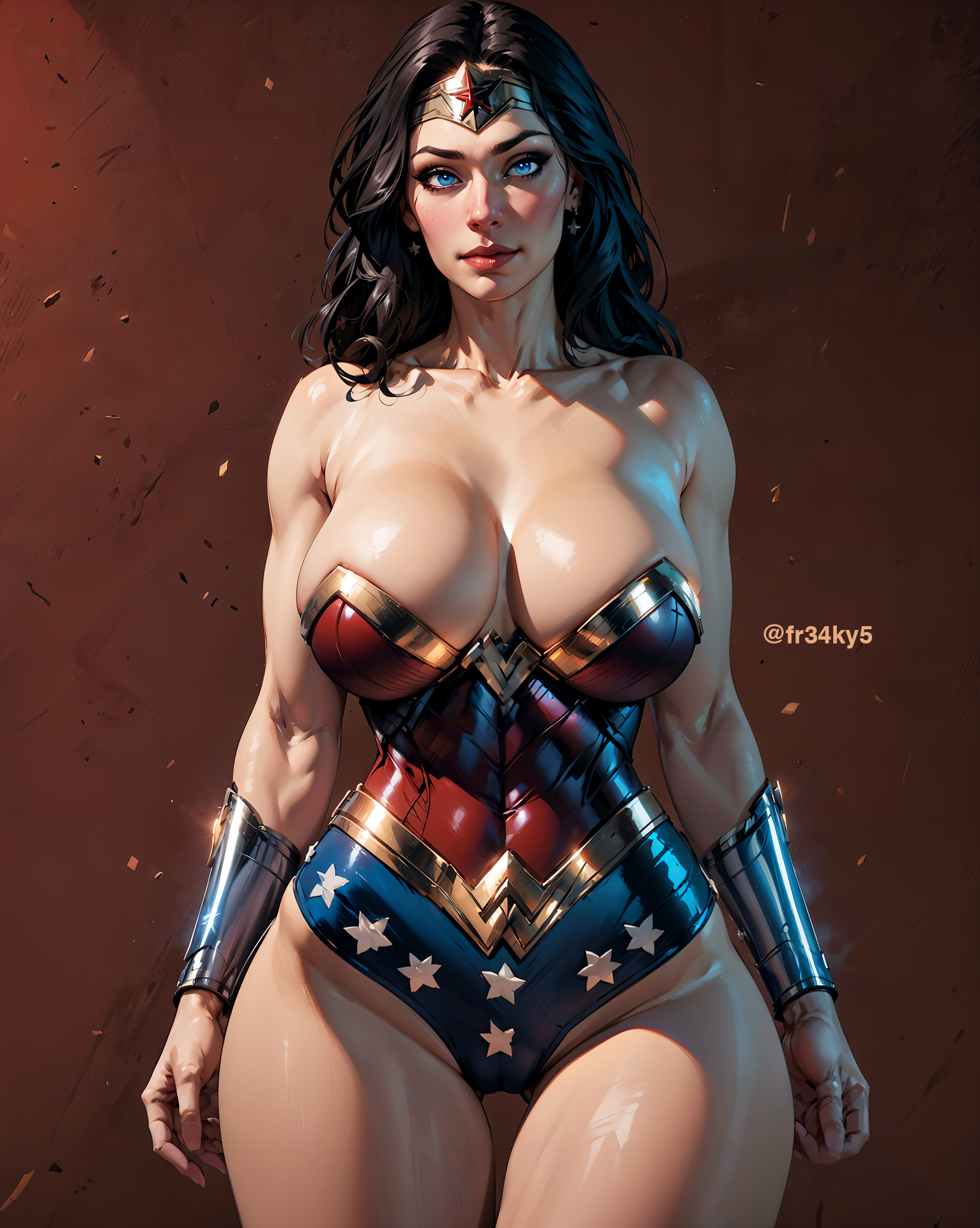 ai generated, amazon, amazonian, big breasts, blue eyes, breasts, brunette, busty, cameltoe, dc, dc comics, diana prince, female, fr34ky, hourglass figure, huge breasts, long hair, princess, pussy, royalty, skimpy armor, solo, superheroine, thick thighs, thigh gap, wide hips, wonder woman, wonder woman (series)
