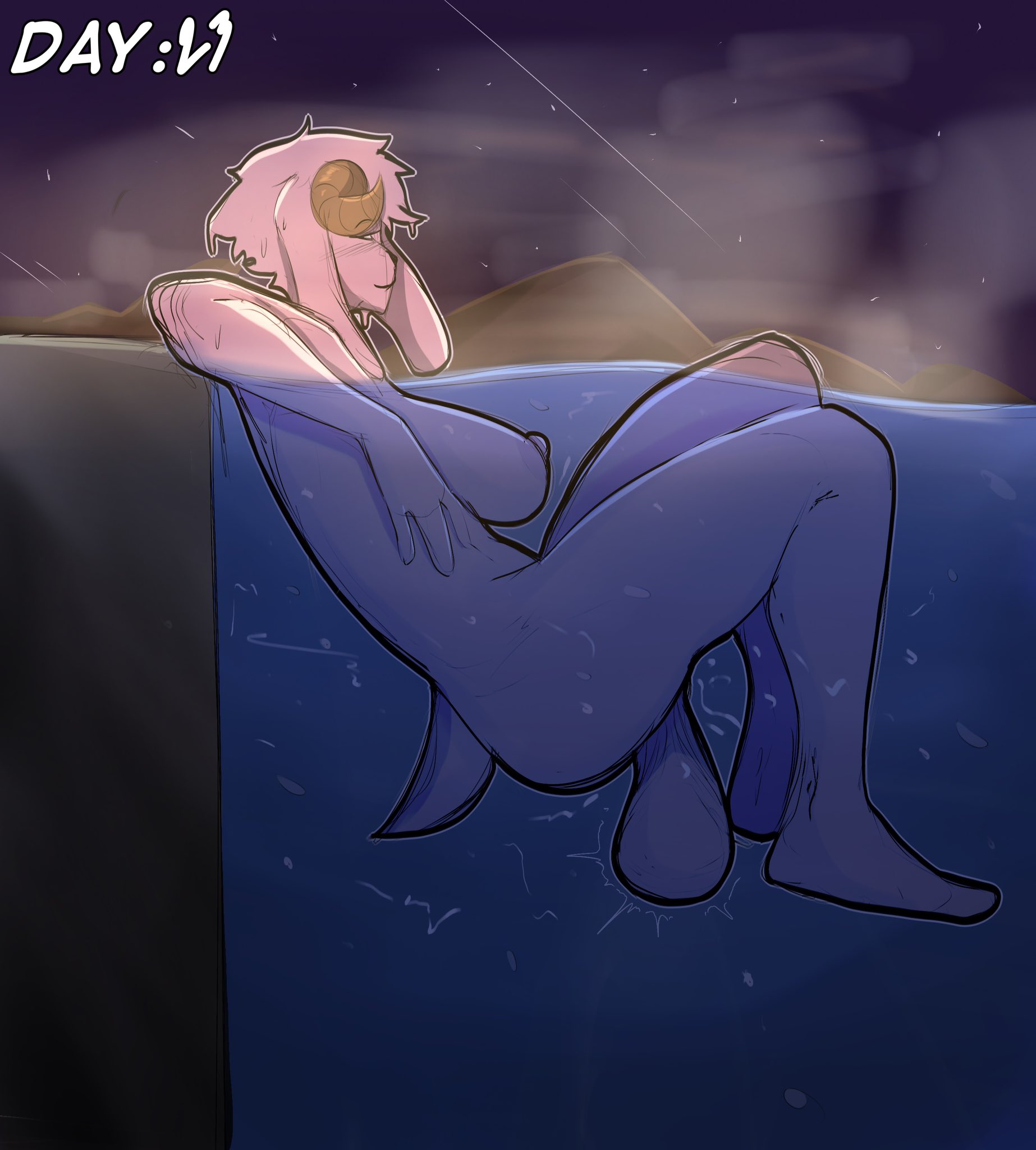 balls, balls bigger than penis, big balls, breasts, day count, furry, futa only, futanari, hot spring, intersex, large balls, large testicles, lumystical, nalia (lumystical), night sky, no nut november, penis, sagging balls, saggy balls, testicles, underwater, water