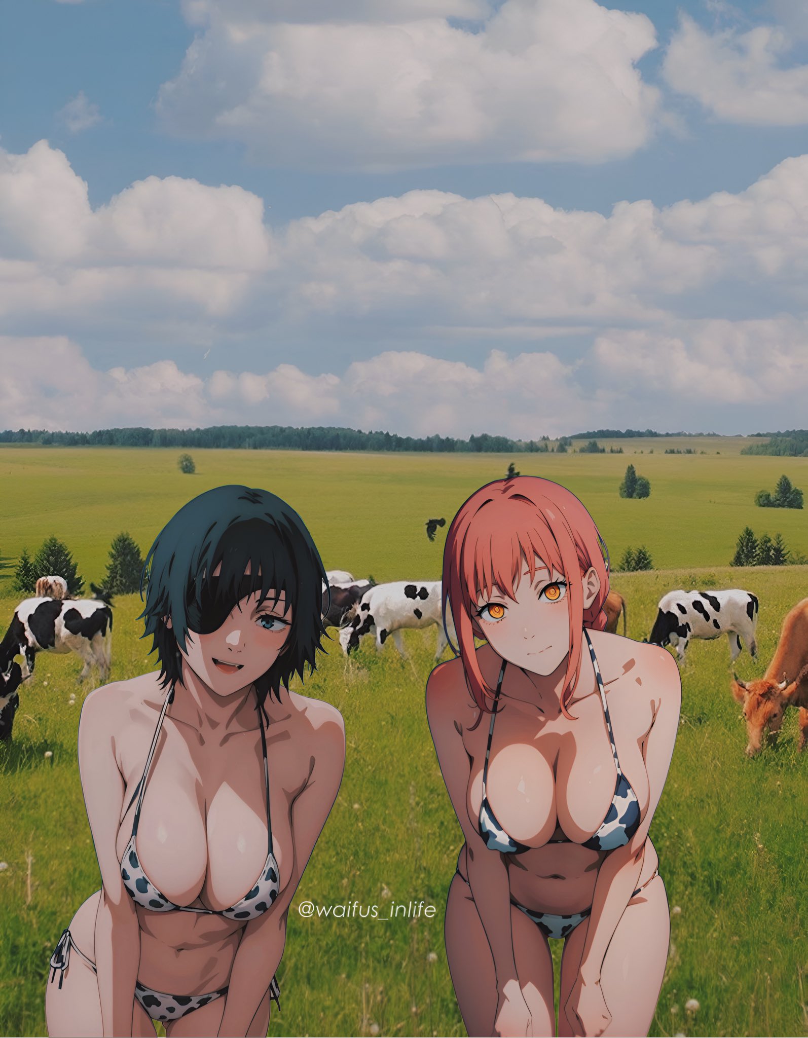 2girls, ai generated, big breasts, bovine, breasts, chainsaw man, cleavage, cow print, detailed background, female, female only, himeno (chainsaw man), light skin, light-skinned female, looking at viewer, makima (chainsaw man), mappa, multiple females, multiple girls, navel, outdoors, photoshop, realistic, sideboob