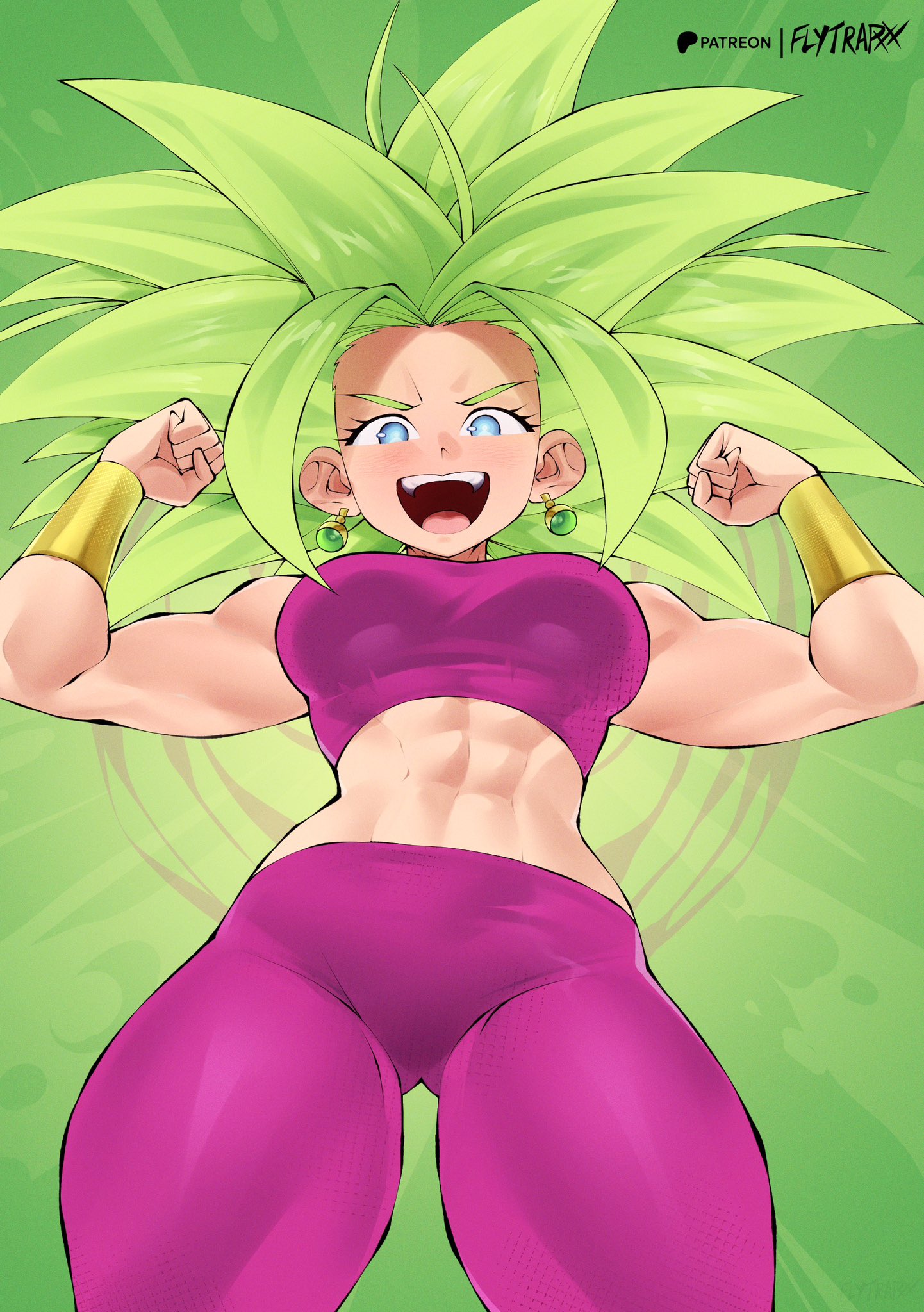 1girls, blue eyes, dragon ball, dragon ball super, earrings, female, female only, flexing, flytrapxx, green hair, kefla, legendary super saiyan, looking at viewer, muscular, muscular female, open mouth, safe for work, spiked hair, sportswear, super saiyan, super saiyan 2, tight clothing, wide hips