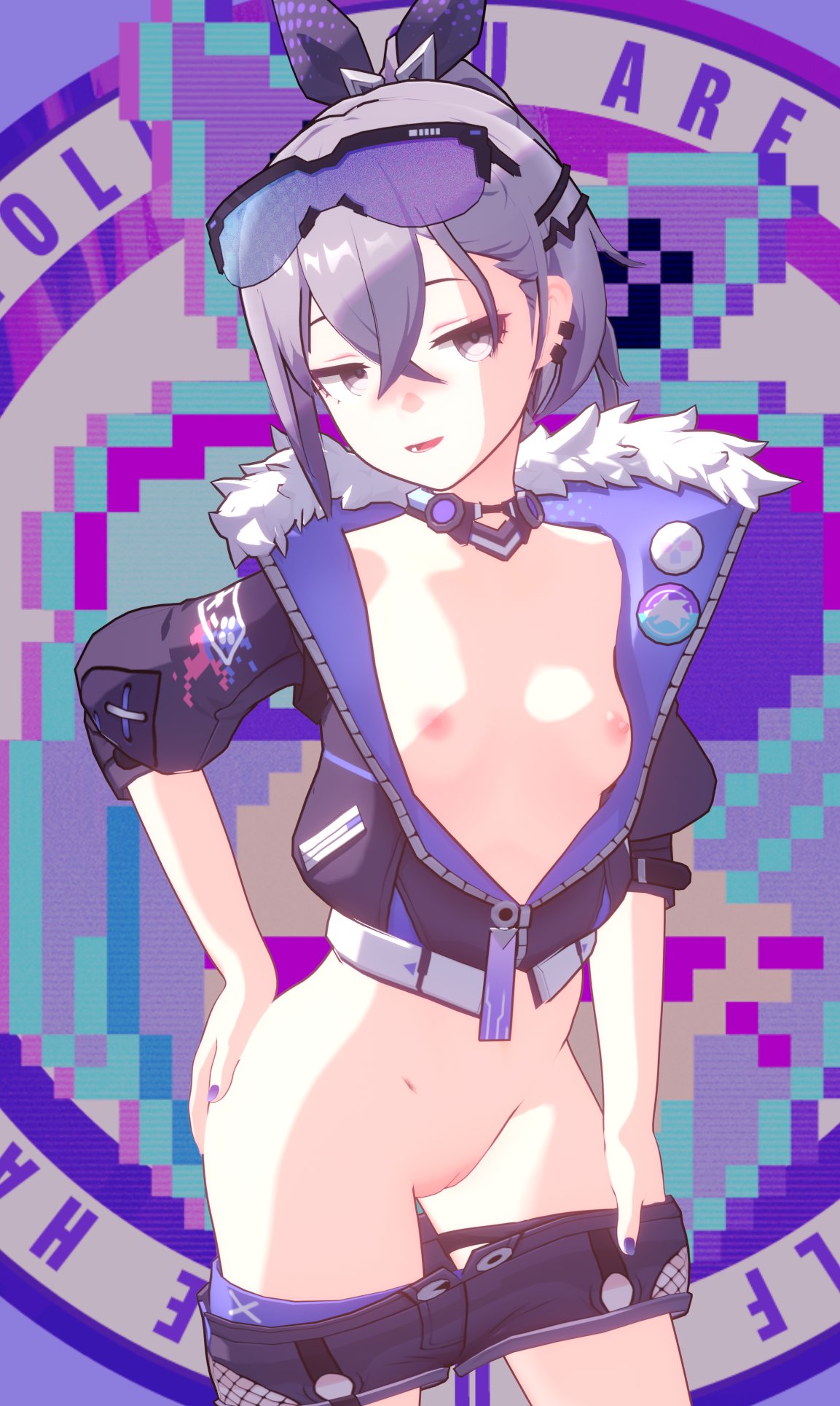 1girls 3d 3d_(artwork) areolae breasts breasts_out child_bearing_hips exposed_breasts eyewear_on_head female female_focus female_only flat_chest flat_chested hand_on_hip hand_on_own_ass hand_on_own_hip honkai:_star_rail honkai_(series) nipples no_bra no_panties open_clothes orangedonut33 pear-shaped_figure pear_shaped pear_shaped_female pose posing pussy removing_clothing removing_shorts shaved_pussy shorts_down silver_wolf_(honkai:_star_rail) single_girl small_breasts solo solo_female tagme thick_thighs thunder_thighs undressing wide_hips