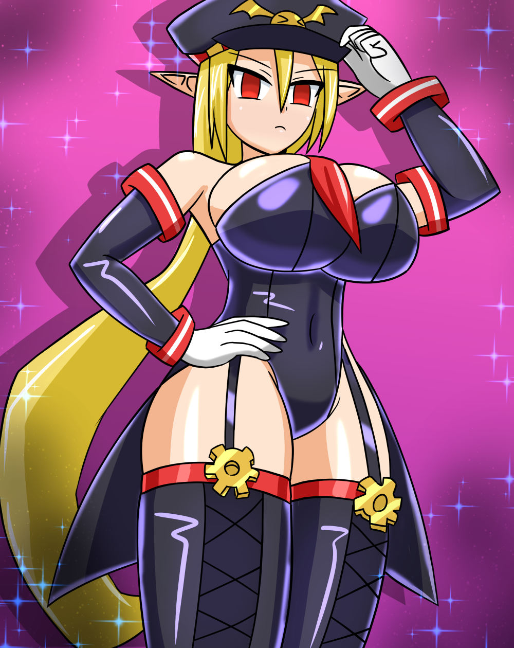 big_breasts bimbo blonde_hair breasts disgaea disgaea_3 elf_ears hat huge_breasts large_breasts leotard long_hair looking_at_viewer milf nippon_ichi_software pointy_ears salvatore tagme