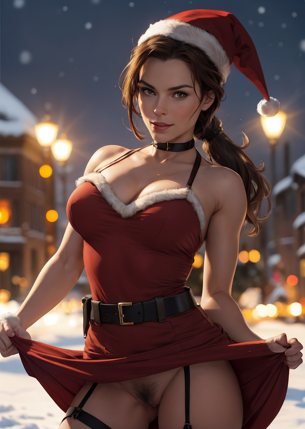 1girls ai_generated black_belt bokeh brunette christmas_outfit cleavage garter_straps lara_croft lara_croft_(ai_generated) lifting_skirt looking_at_viewer neck_collar outdoors ponytail pubic_hair pussy santa_dress santa_hat snow solo_female stable_diffusion street_lamp tomb_raider