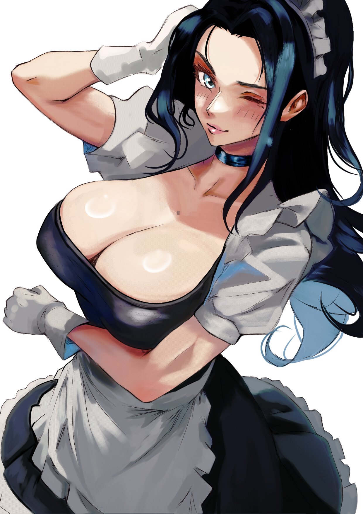 1girls, big breasts, black hair, black-haired female, blue eyes, breasts, cleavage, curvaceous, curvy, curvy body, curvy female, curvy figure, female, female only, fully clothed, hourglass figure, maid uniform, nico robin, one piece, post-timeskip, shiny skin, vcais, voluptuous, voluptuous female