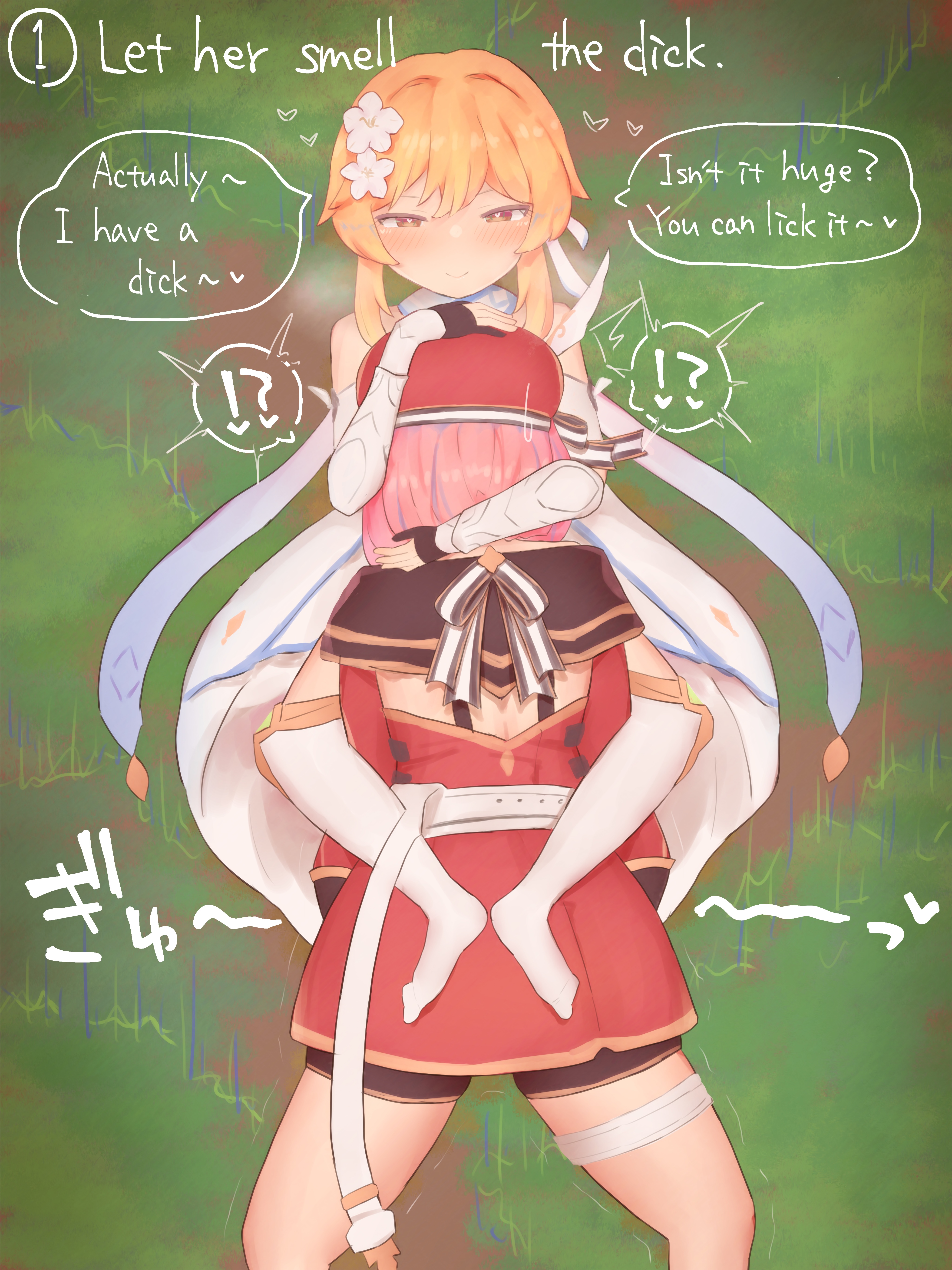1futa, 1girls, ass, balls, big ass, big balls, big breasts, big butt, big penis, blonde hair, blowjob, breasts, charlotte (genshin impact), clothed, clothing, dialogue, duo, english text, female, futa on female, futanari, genshin impact, hoyoverse, human, intersex, light skin, light-skinned female, light-skinned futa, lumine (genshin impact), nozorayuzu, on back, partially clothed, penis, penis sniffing, pink hair, short hair, sniffing, text, text box, text bubble