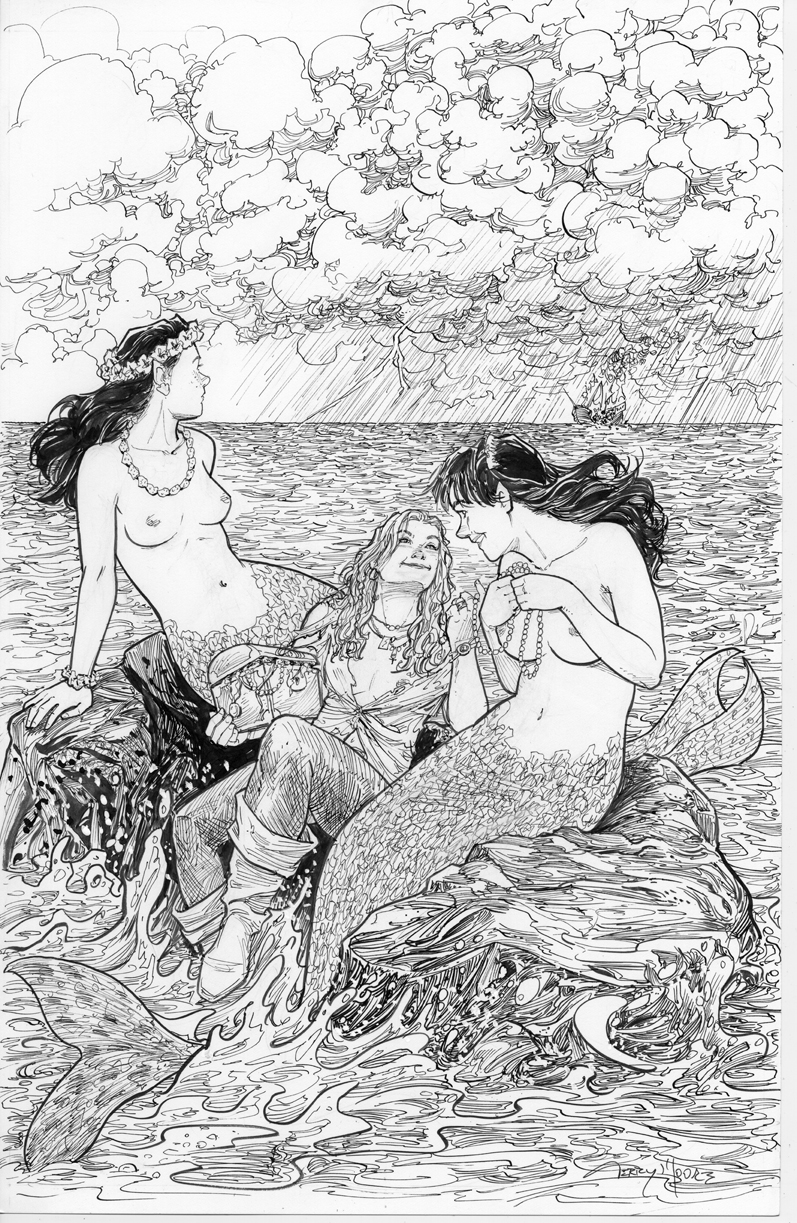 3girls artist_name black_hair border breasts cloud cloudy_sky commentary english_commentary fins graphite_(medium) greyscale highres jewelry lightning looking_at_another mermaid monochrome monster_girl multiple_girls navel original pirate pirate_ship rain rock scales sky storm_cloud stormy_waters terrymooreart topless traditional_media treasure_chest western_comics_(style) white_border