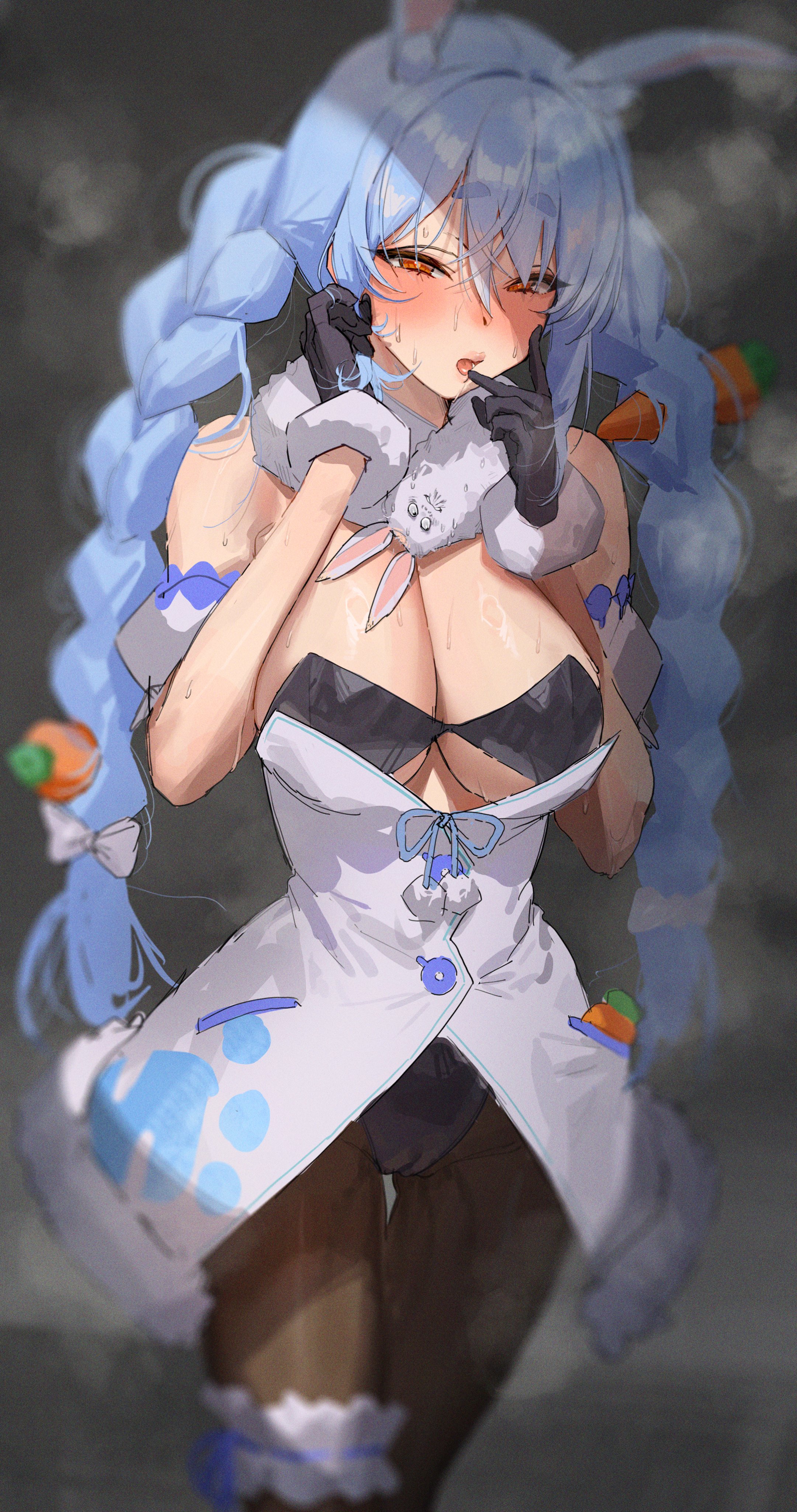 aroused, blush, breasts, cameltoe, female, full-face blush, hololive, hololive fantasy, hololive japan, horny, horny female, in heat, large breasts, licking fingers, pussy, steaming body, sweat, sweaty body, usada pekora, very sweaty, virtual youtuber