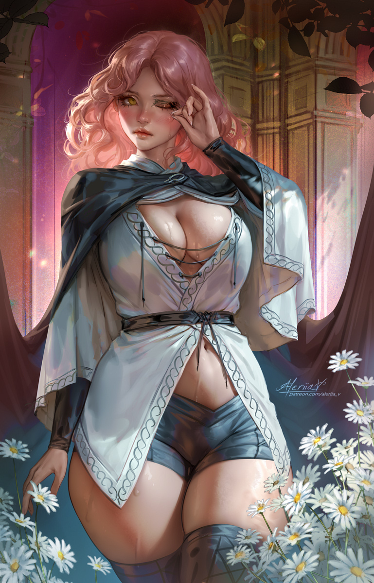 aleriia_v belly_button big_breasts cloak elden_ring fromsoftware horny lerapi long_sleeves melina_(elden_ring) one_eye_closed pink_hair shorts thick thick_thighs tight_clothing yellow_eyes