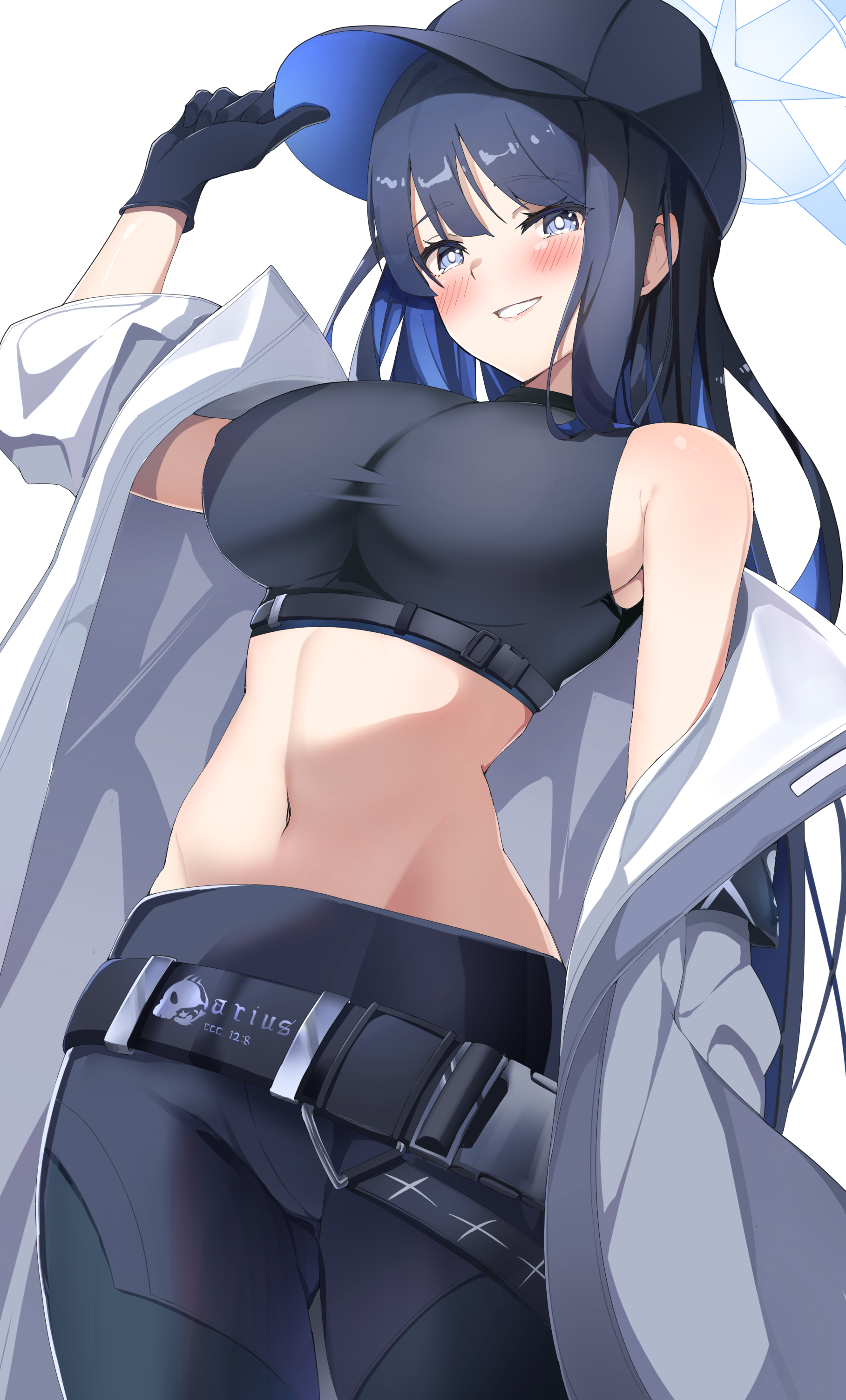 1girls, abs, arius satellite school student, arius squad (blue archive), band (skymole01), belly, belly button, big breasts, blue archive, blue eyes, blue hair, blush, breasts, clothed, clothing, curvy, curvy female, curvy figure, eyebrows visible through hair, female, female only, fit, fit female, gloves, halo, happy, hard nipples, hat, highres, long hair, looking at viewer, midriff, navel, saori (blue archive), sideboob, smile, smiling, smiling at viewer, sports bra, stomach, tummy, waist, white background