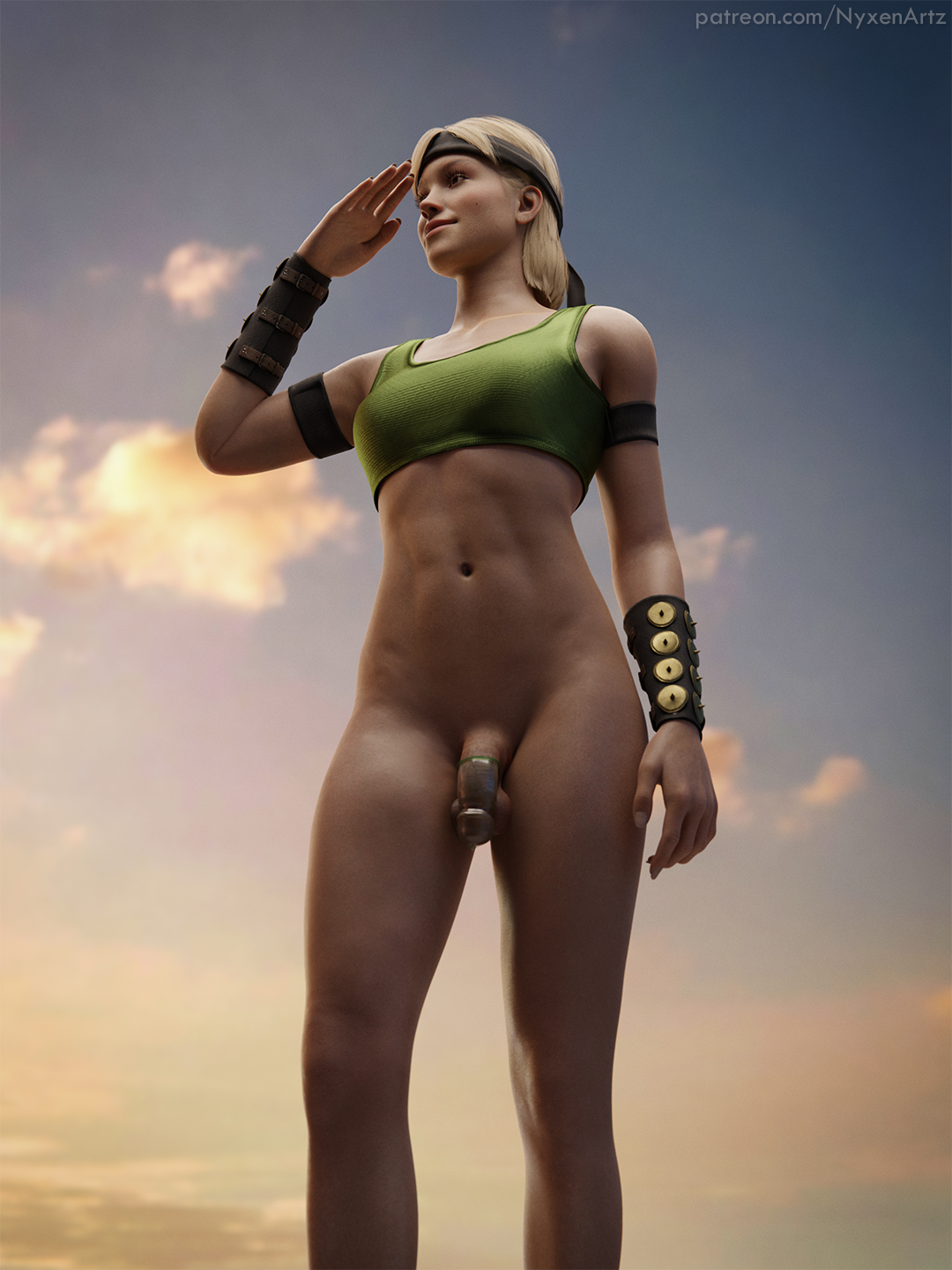 1futa, 3d, condom, condom on penis, flaccid, flaccid penis, futa only, futanari, half-dressed, intersex, mortal kombat, mortal kombat 1 (2023), nyxenartz, penis, smile, smiling, solo, sonya blade