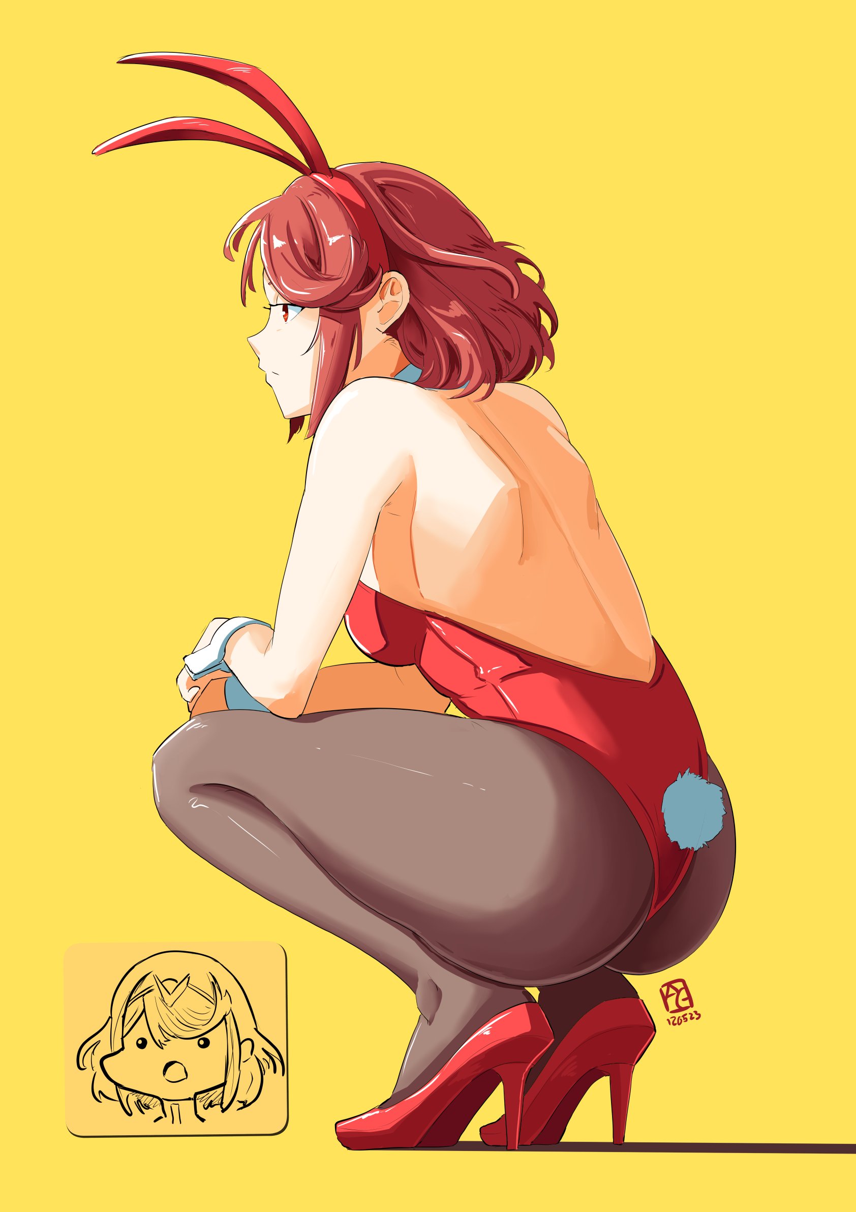 ass, automatic giraffe, black legwear, bored, breasts, bunny ears, bunnysuit, female, female only, high heels, latex, nintendo, pyra, sideboob, solo, squatting, tagme, xenoblade (series), xenoblade chronicles 2