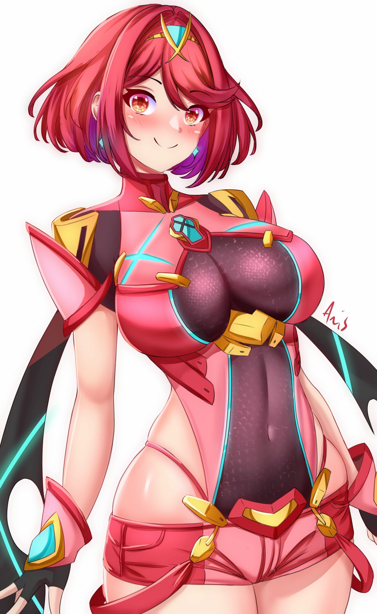 anisdrawn, breasts, core crystal, female, female only, nintendo, pyra, red eyes, red hair, short hair, solo, xenoblade (series), xenoblade chronicles 2