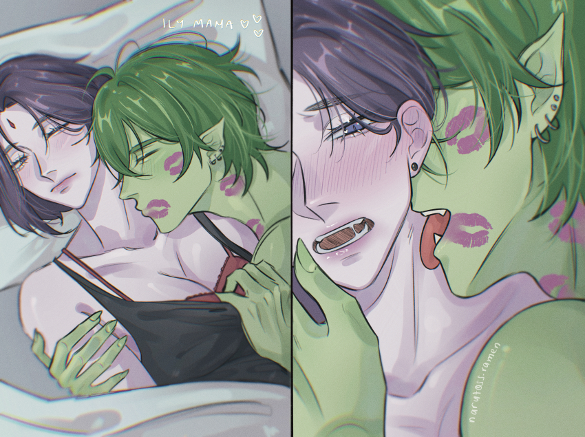 1boy, 1girls, beast boy, blue eyes, blush, bra, canon couple, couple, dc, dc comics, drooling, english text, excited, female, garfield logan, hug, hugging, kiss mark, kissing, licking neck, lipstick, lipstick mark, male, purple hair, purple lipstick, rachel roth, raven (dc), short hair, tagme, teen titans, underwear, undressing