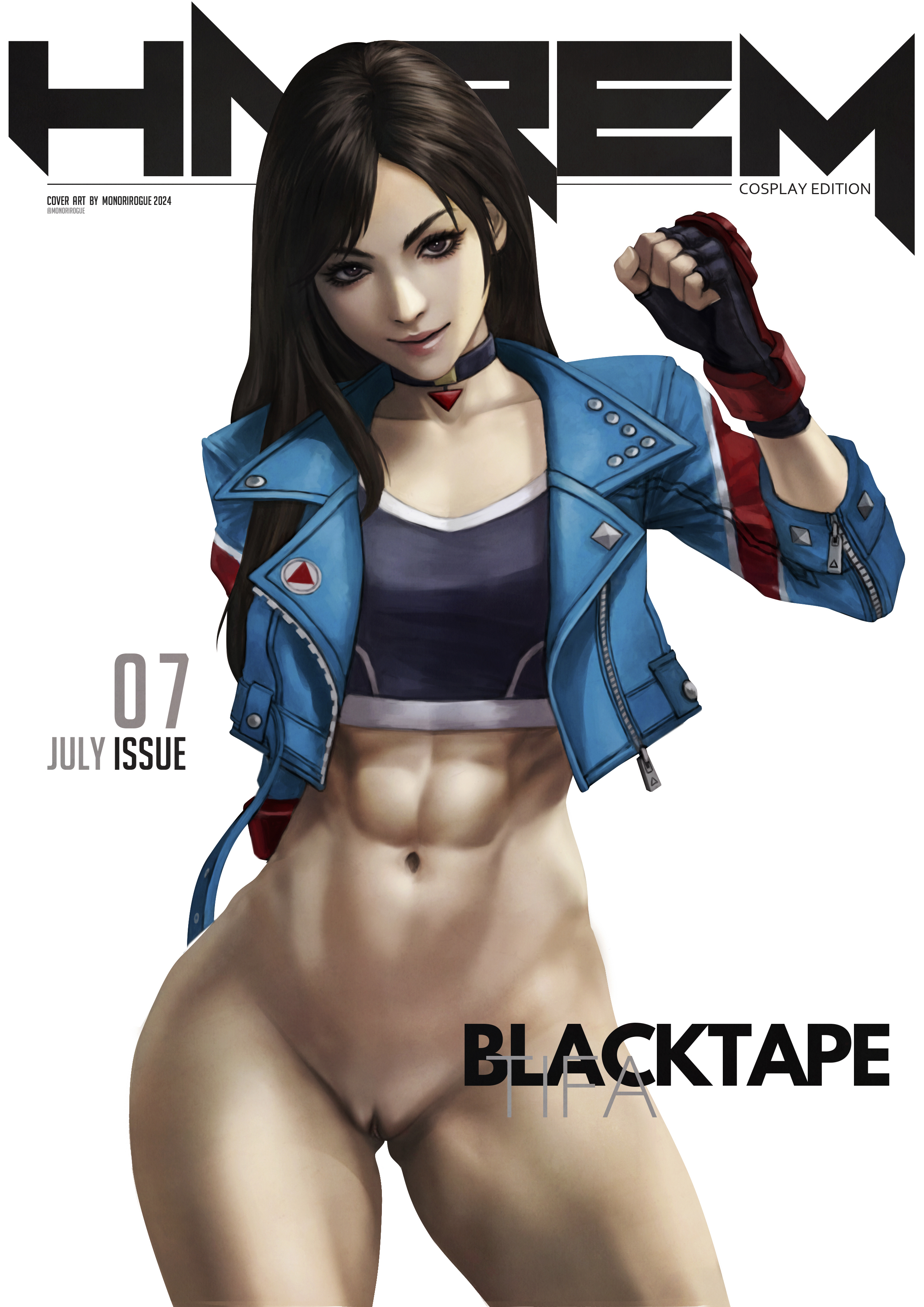 1girls, abs, black hair, bottomless, cammy white (cosplay), choker, cropped jacket, female, final fantasy, final fantasy vii, final fantasy vii remake, fingerless gloves, grey eyes, long hair, magazine cover, monorirogue, pussy, shaved pussy, smile, solo, sports bra, standing, street fighter, text, tifa lockhart