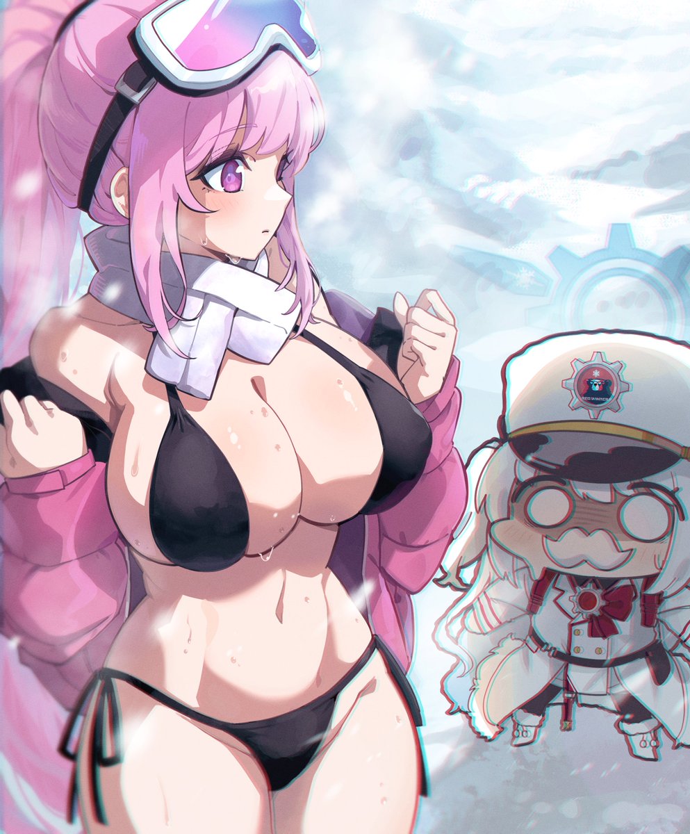 artist_request black_eyes blue_archive cherino_(blue_archive) chibi cowboy_shot curvy eimi_(blue_archive) eimi_(swimsuit)_(blue_archive) huge_breasts millennium_science_school_student red_winter_federal_academy_logo_(blue_archive) red_winter_federal_academy_student red_winter_office_(blue_archive) shaded_face shocked snow steaming_body super_phenomenon_task_force_(blue_archive) sweatdrop sweaty sweaty_body tagme_(artist) thick_thighs tundra wide_hips