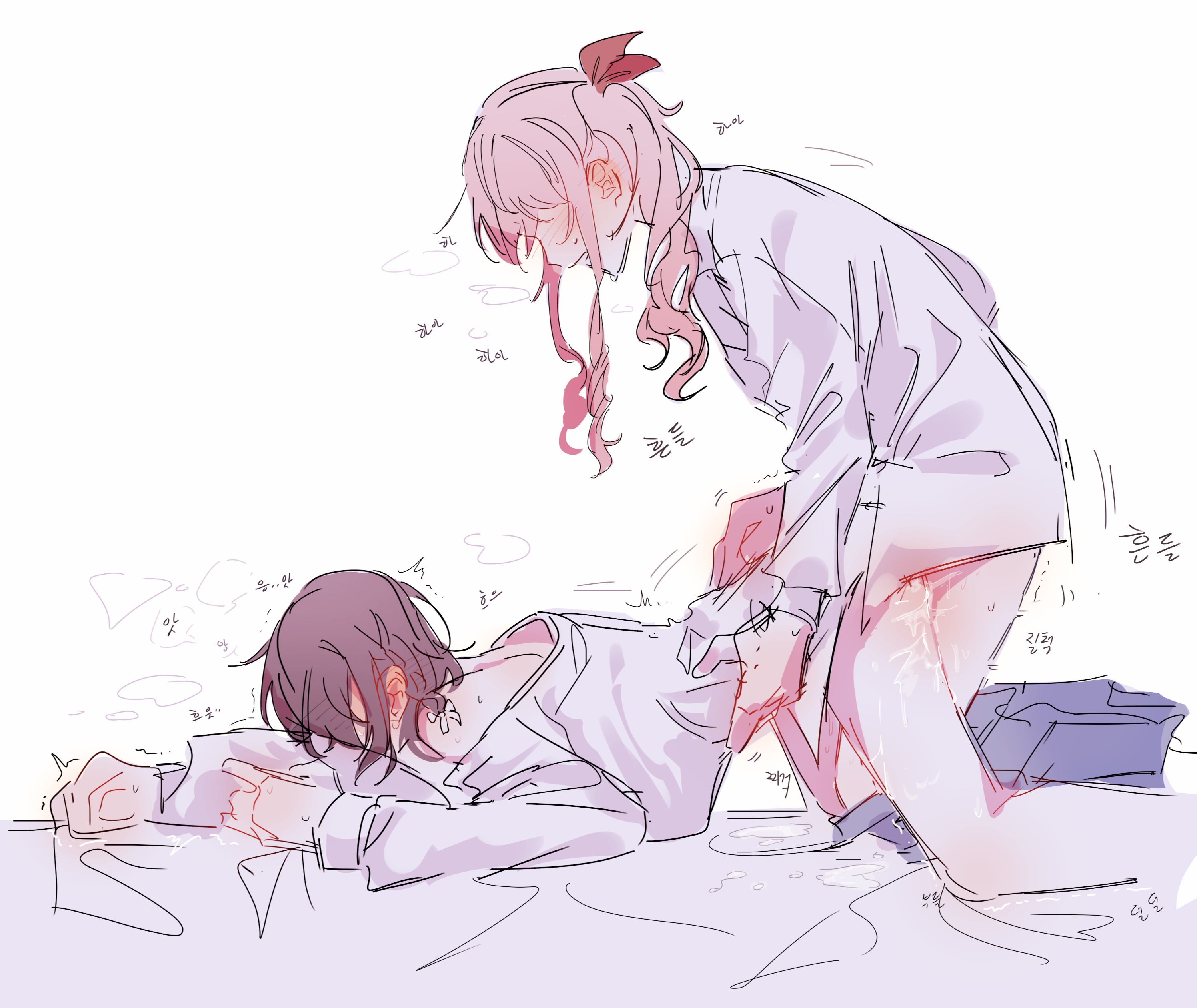 1other, akiyama mizuki, all fours, ambiguous gender, bed, bed sheet, blush, brown hair, clothed, clothed sex, clothing, doggy style, face in pillow, female, from behind, genderswap, gripping sheets, hand on hip, hands on hips, moan, moaning, moaning in pleasure, on all fours, on bed, partially clothed, partially clothed female, partially nude, partially undressed, pillow, pillow grab, pink hair, ponytail, project sekai, pussy, rule 63, sex, sex on bed, shaking, shinonome ena, short brown hair, short hair, side ponytail, thrusting, vaginal penetration, vaginal sex, white background