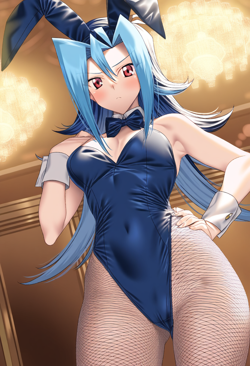 1girls blue_hair blush bunny_ears bunnysuit eroeroai female kamishiro_rio long_hair looking_at_viewer nervous red_eyes rio_kamishiro solo yu-gi-oh! yu-gi-oh!_zexal