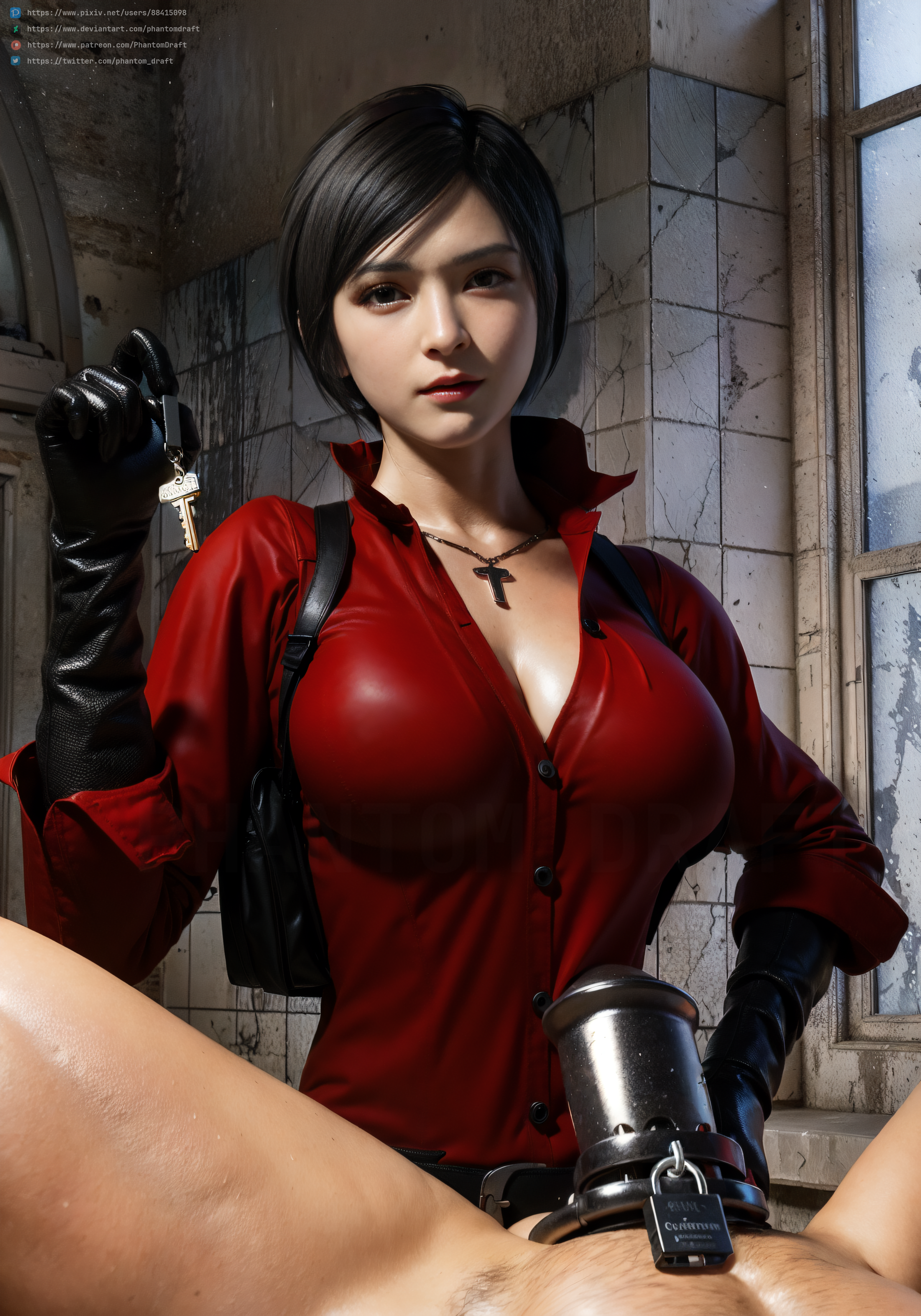 1boy, 1girls, ada wong, ada wong (cosplay), ai generated, bondage, chastity, chastity cage, chastity key, chastity lock, dbd, dead by daylight, dominant female, female, female domination, femdom, gloves, harness, holding key, key, long gloves, male, malesub, masochism, necklace, partial male, phantom draft, pov, red shirt, resident evil, resident evil 6, sadism, short hair, shoulder holster, spread legs, submissive male
