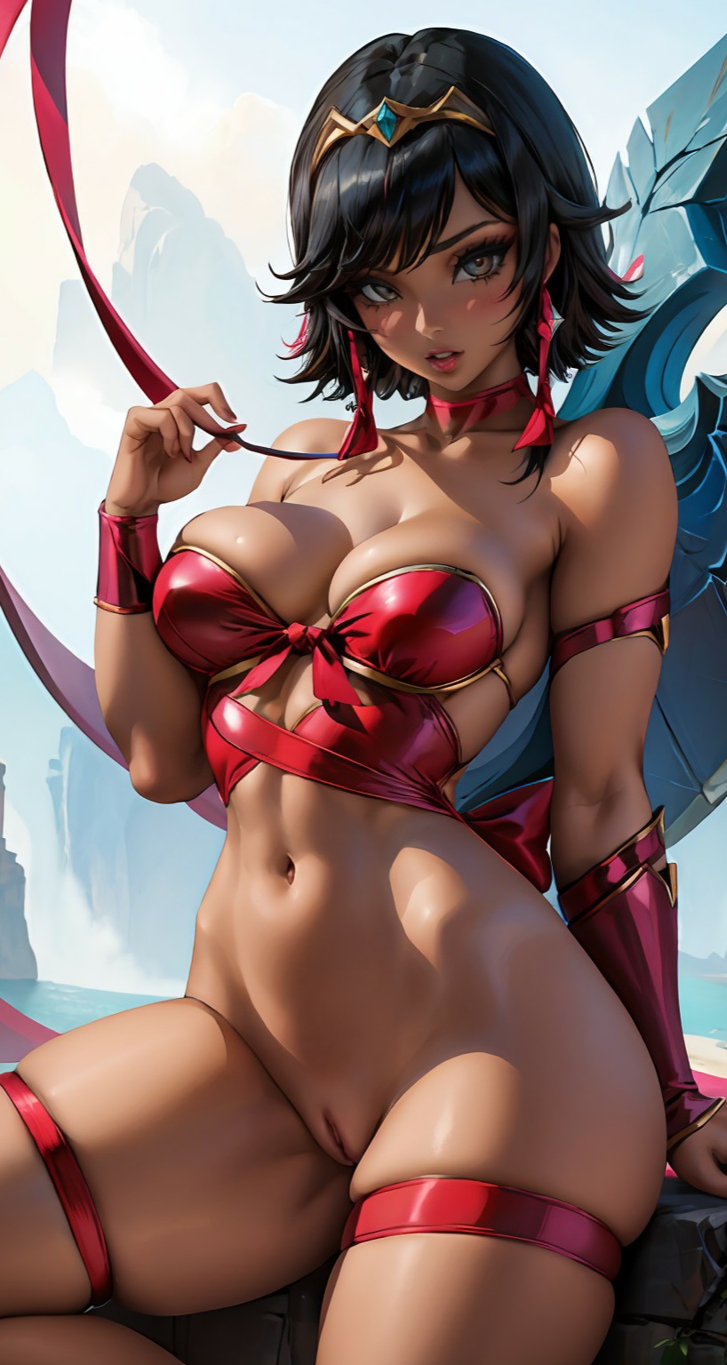 1girls ai_generated black_hair bottomless breasts choker christmas dark-skinned_female dark_skin female female_only gift hair karma_(league_of_legends) league_of_legends looking_at_viewer lux_paladin medium_breasts pussy ribbon riot_games short_hair thick_thighs thighs tiara