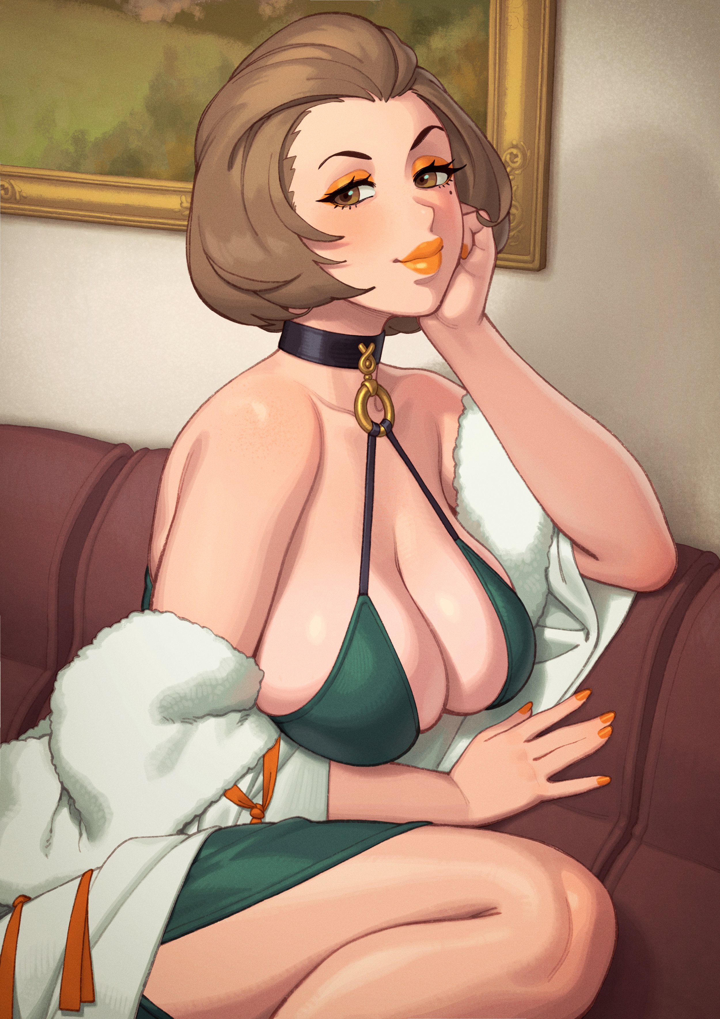 1girls, 2023, absurdres, blush, breasts, brown eyes, brown hair, choker, cleavage, dress, eyeshadow, female, female only, fire emblem, fire emblem: three houses, highres, large breasts, light skin, light-skinned female, lips, lipstick, looking at viewer, makeup, manuela casagranda, mature female, milf, mole, mole under eye, nail polish, nintendo, orange eyeshadow, orange lips, orange lipstick, orange nails, rizdraws, short hair, smile, solo, thick thighs, thighs