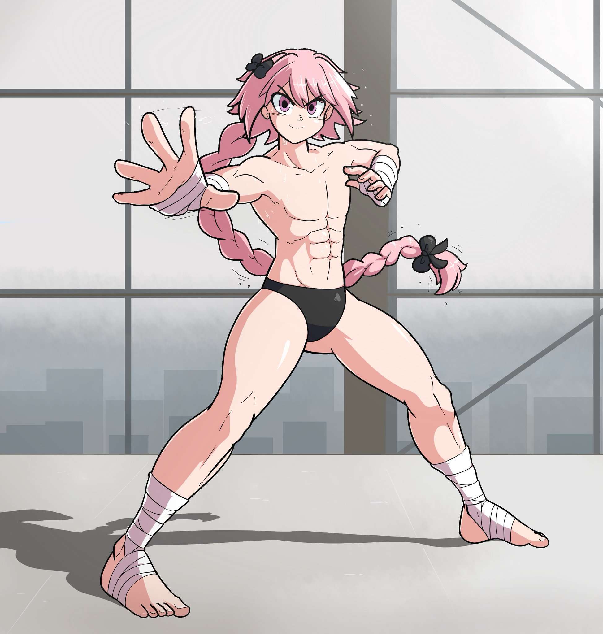 1boy, abs, ambush (trap), astolfo (fate), barefoot, bow, braided hair, cityscape, fate (series), fate/grand order, femboy, fighting stance, hand wraps, looking at viewer, male, male only, muscular, muscular male, netto-painter, pectorals, pink hair, smirking, solo, solo male, speedo, sweat