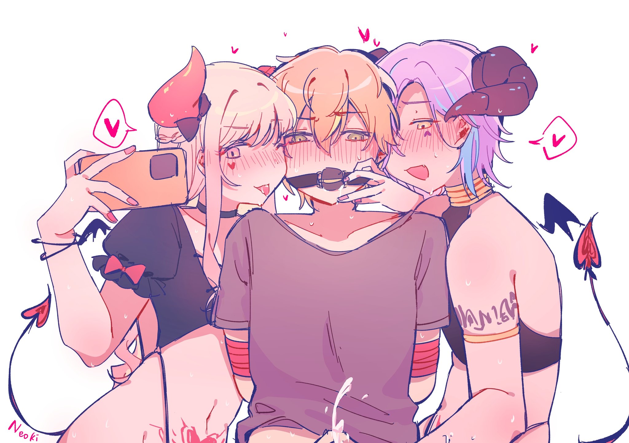 akiyama mizuki, blue hair, blush, cum, cumshot, gay, handjob, kamishiro rui, male, neoki n0sleep, orange hair, pink hair, project sekai, purple hair, sex tape, shinonome akito, yaoi
