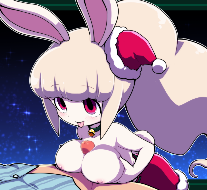 1boy anthro breasts_out bunny_ears bunny_girl bunny_tail christmas_outfit collar female furry human_on_anthro light_skin nollety paizuri snow_spect-hare tongue_out topless yo-kai_watch