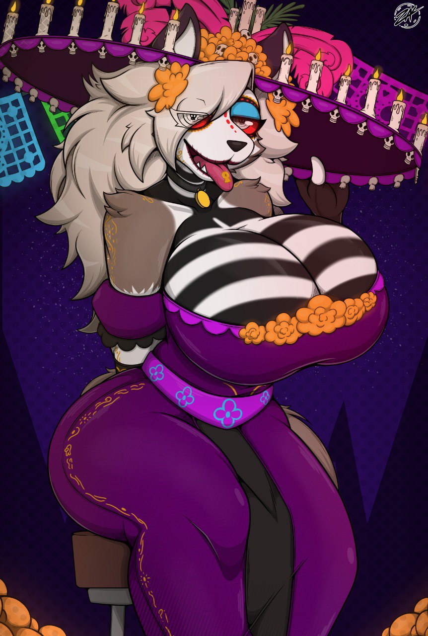 1girls 2020s 2023 2d 2d_(artwork) anthro anthrofied bare_shoulder big_breasts big_thighs blue_eyeshadow bodypaint breasts busty candles catalina_la_catrina cleavage clothing collar dia_de_los_muertos dress ear female female_focus female_only furry furry_female furry_only hair hair_over_one_eye helluva_boss hi_res highres hips hourglass_figure huge_breasts large_breasts large_thighs loincloth long_hair looking_at_viewer loona_(helluva_boss) mammal messy_hair night paint purple_dress red_sclera sitting slim_waist solo solo_female solo_focus sombrero stool thick_thighs thighs tongue tongue_out voluptuous white_eyes wide_hips zak_hitsuji