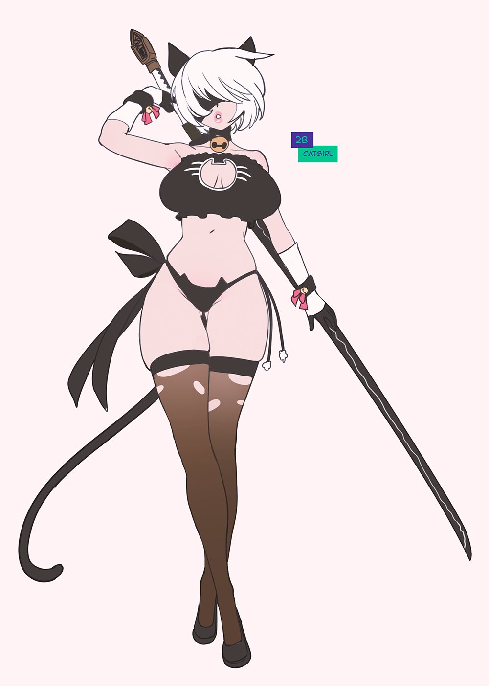 1girls big_breasts blindfold breasts cat_ears cat_tail catgirl english_text female female_only hi_res katana medium_hair neck_bell nier:_automata simple_background sketch solo stockings tail text text_box thekite thighs white_background white_hair yorha_2b