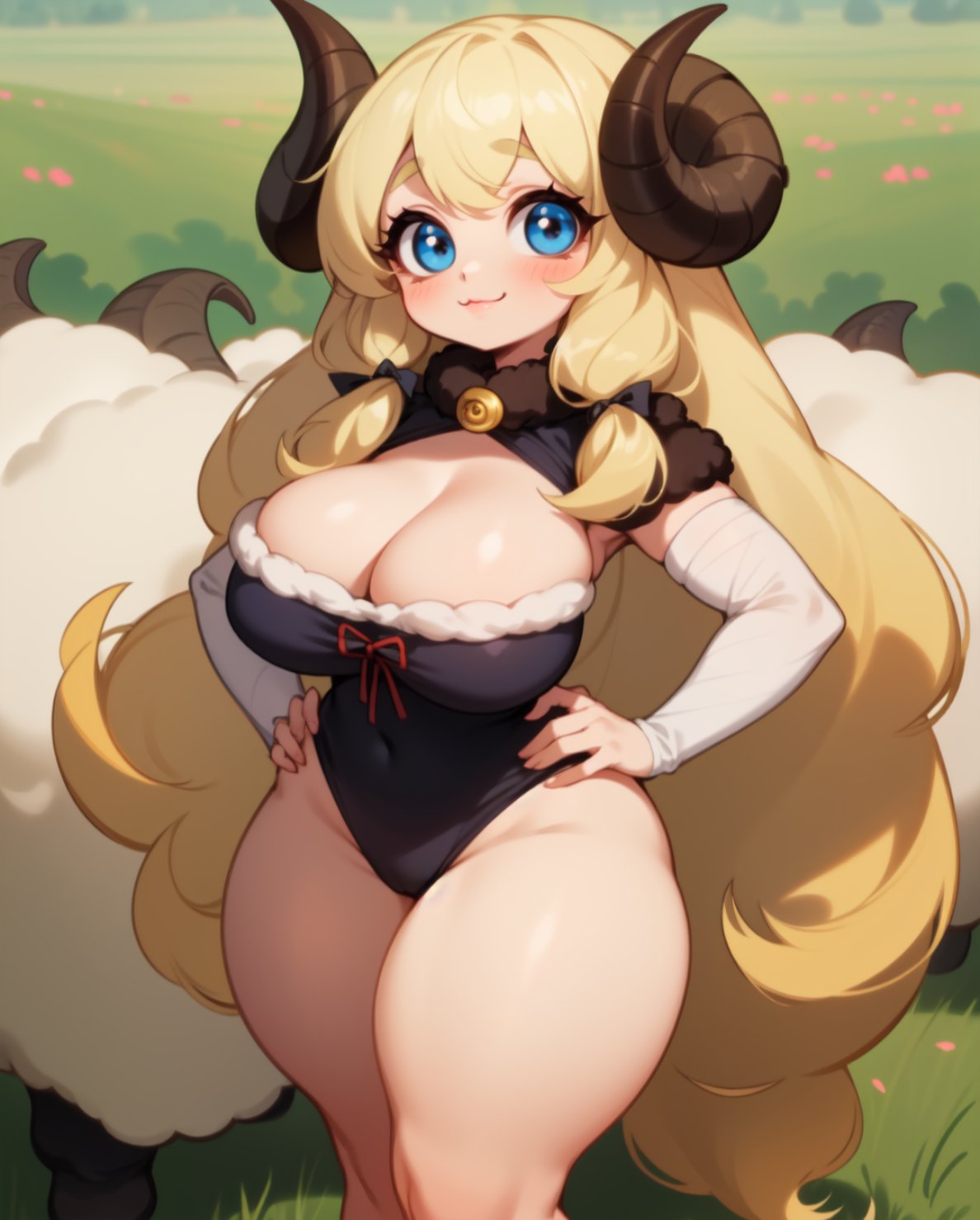 :3, 1girls, adorable, ai generated, big breasts, blonde hair, blue eyes, breasts, cleavage, clothed, clothing, curvy, cute, eyebrows visible through hair, female, female only, horn, horns, hourglass figure, navel visible through clothes, original, rocksolidart, sheep horns, shortstack, solo, solo female, thick thighs, very long hair, wide hips