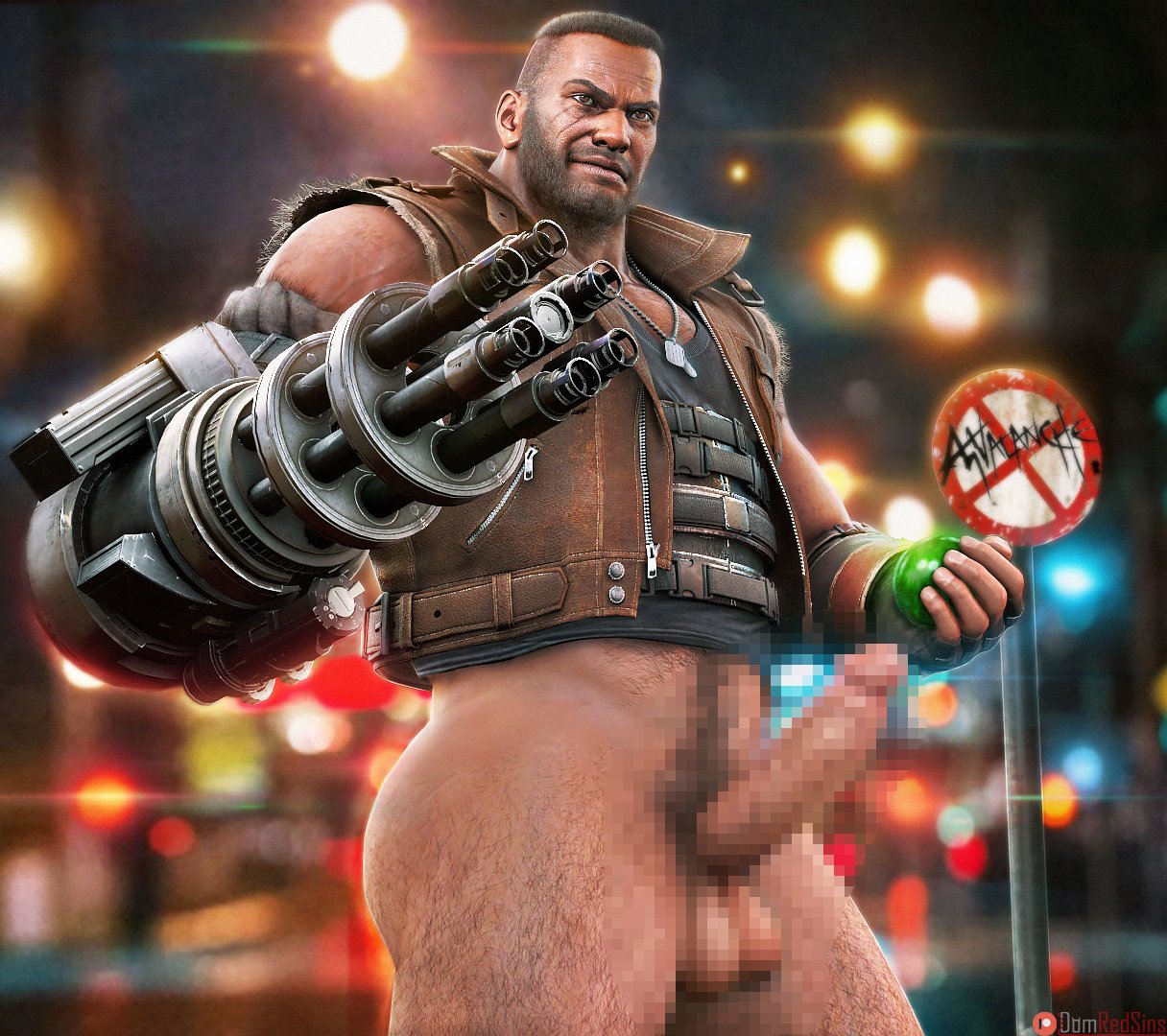 1boy 3d 3d_model barret_wallace big_penis black_hair bottomless_male brown_eyes censored censored_penis dark-skinned_male dark_skin domredsins final_fantasy final_fantasy_vii final_fantasy_vii_remake gun machine_gun male male_focus male_only male_pov melanin solo solo_male square_enix