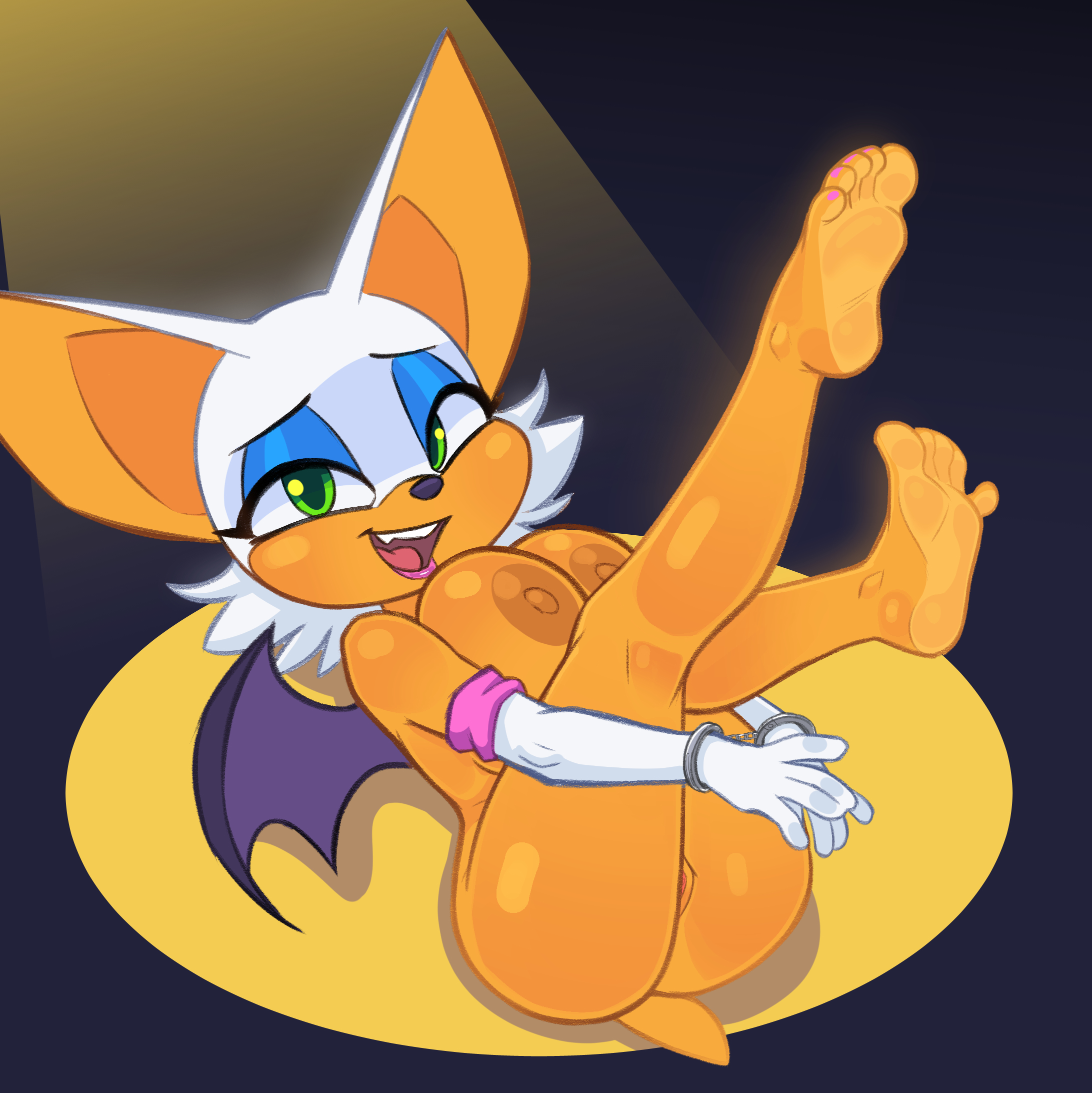 1girls, ass, bat, big breasts, breasts, female, furry, green eyes, handcuffs, huge breasts, looking at viewer, posing, pussy, rouge the bat, sega, simple background, siroc, smile, solo, solo female, sonic (series), sonic the hedgehog (series), tail, wings