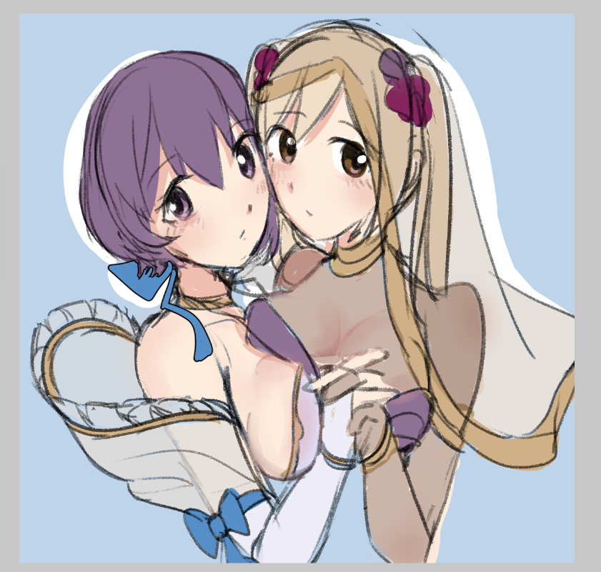 2girls alternate_costume asymmetrical_docking ayanodesuu bodystocking breast_press breasts bride brown_eyes brown_hair cleavage dress female female_only fire_emblem fire_emblem:_new_mystery_of_the_emblem fire_emblem_awakening fire_emblem_heroes katarina_(fire_emblem) medium_breasts medium_hair multiple_girls nintendo purple_eyes purple_hair robin_(fire_emblem) robin_(fire_emblem)_(female) see-through short_hair veil wedding_dress yuri