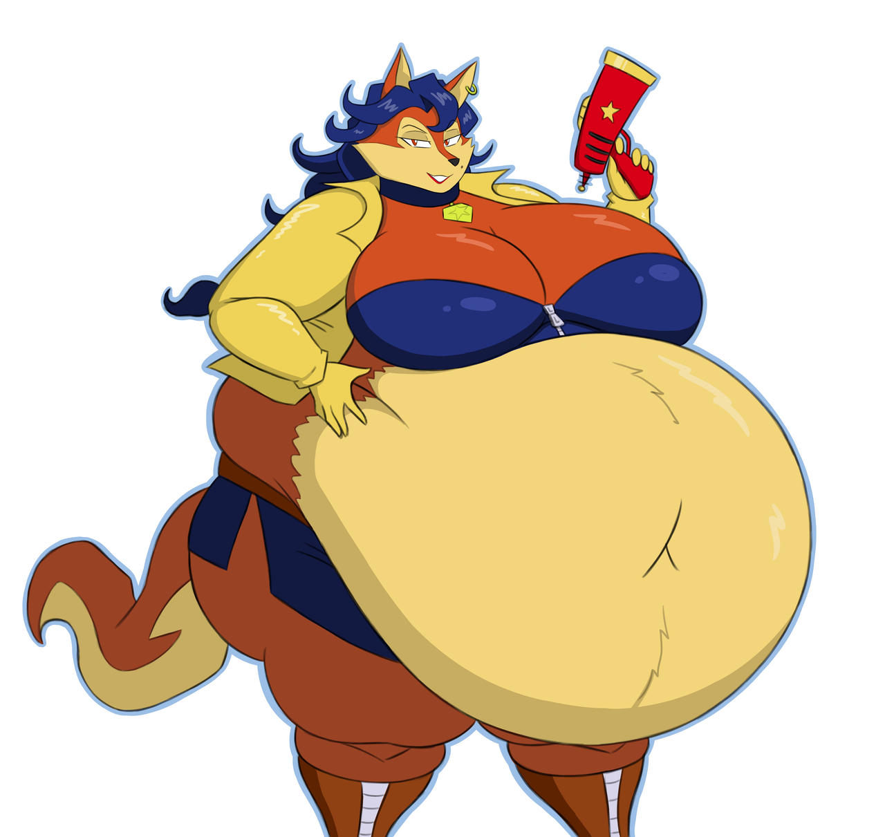 anthro ass_bigger_than_breasts belly_bigger_than_head blue_crop_top blue_hair blue_skirt breasts_bigger_than_head carmelita_fox fat fat_ass fat_belly fat_breasts fat_hips fat_thighs female fox fox_ears fox_girl fox_tail holding_gun huge_ass huge_belly huge_breasts huge_thighs massive_belly mizz-britt morbidly_obese obese obese_female orange_fur overweight sanzaru_games shock_pistol sly_cooper_(series) smirk smirking_at_viewer stretched_clothing sucker_punch_productions tan_jacket weight_gain wide_hips zipper