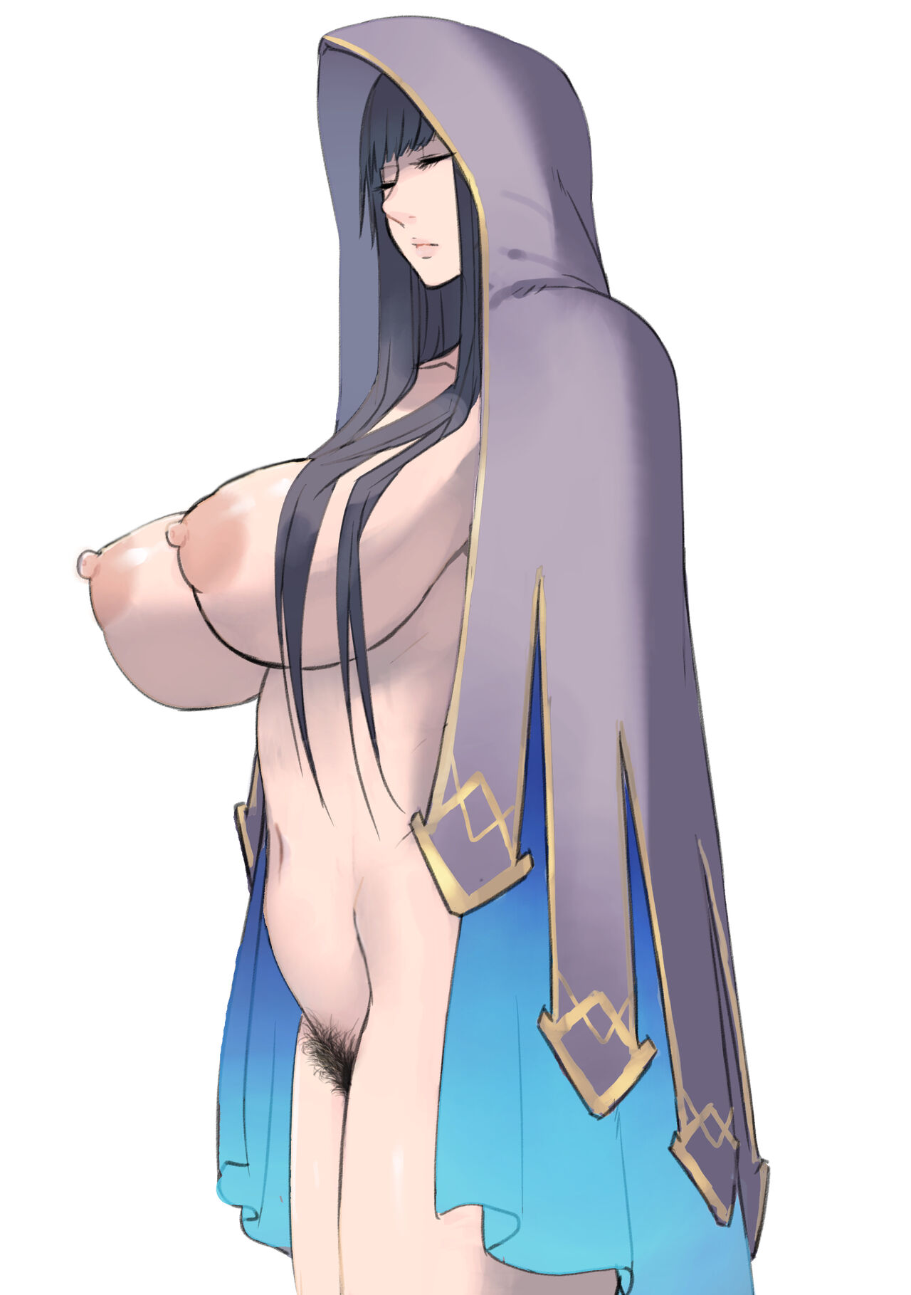 1girls, 2017, breasts, closed eyes, female, female only, hood, huge breasts, long hair, mature female, navel, nipples, nude, nudist witch (pepe (jonasan)), original, pepe (jonasan), pubic hair, purple hair, simple background, solo, standing, white background