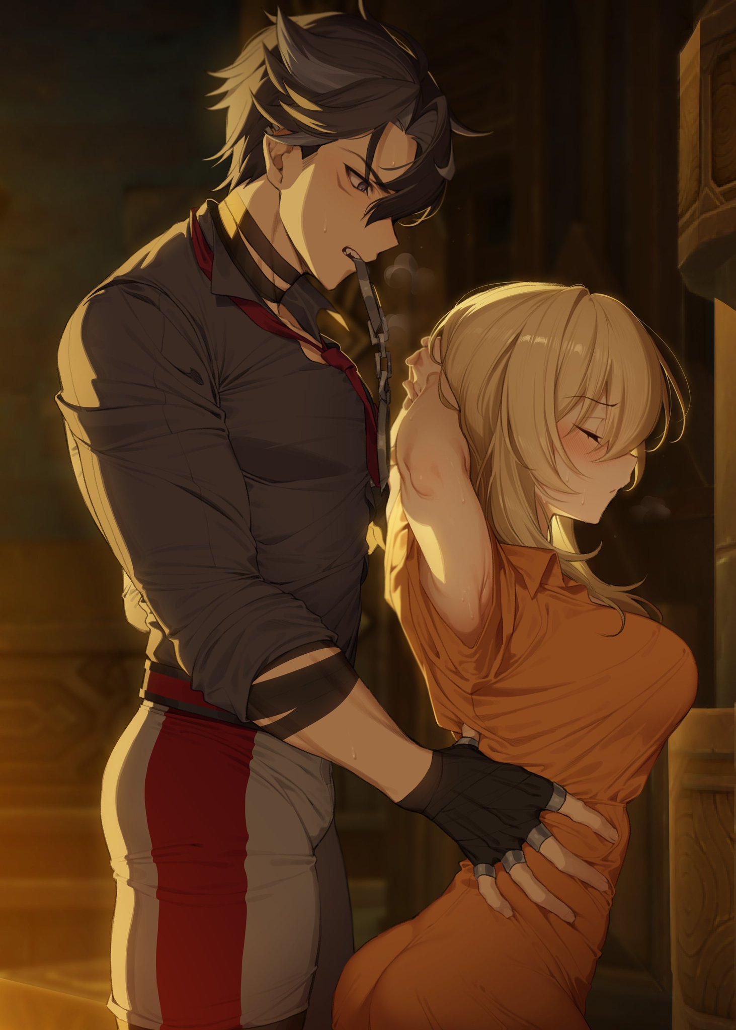 1boy, ass, ass visible through thighs, big breasts, blonde hair, blush, breasts, closed eyes, clothed, clothing, deepinsiade, female, genshin impact, hips, hips grab, hoyoverse, jumpsuit, large breasts, lumine (genshin impact), male, male/female, muscular, muscular male, naughty face, safe, tight clothes, tight clothing, tight pants, wriothesley (genshin impact)